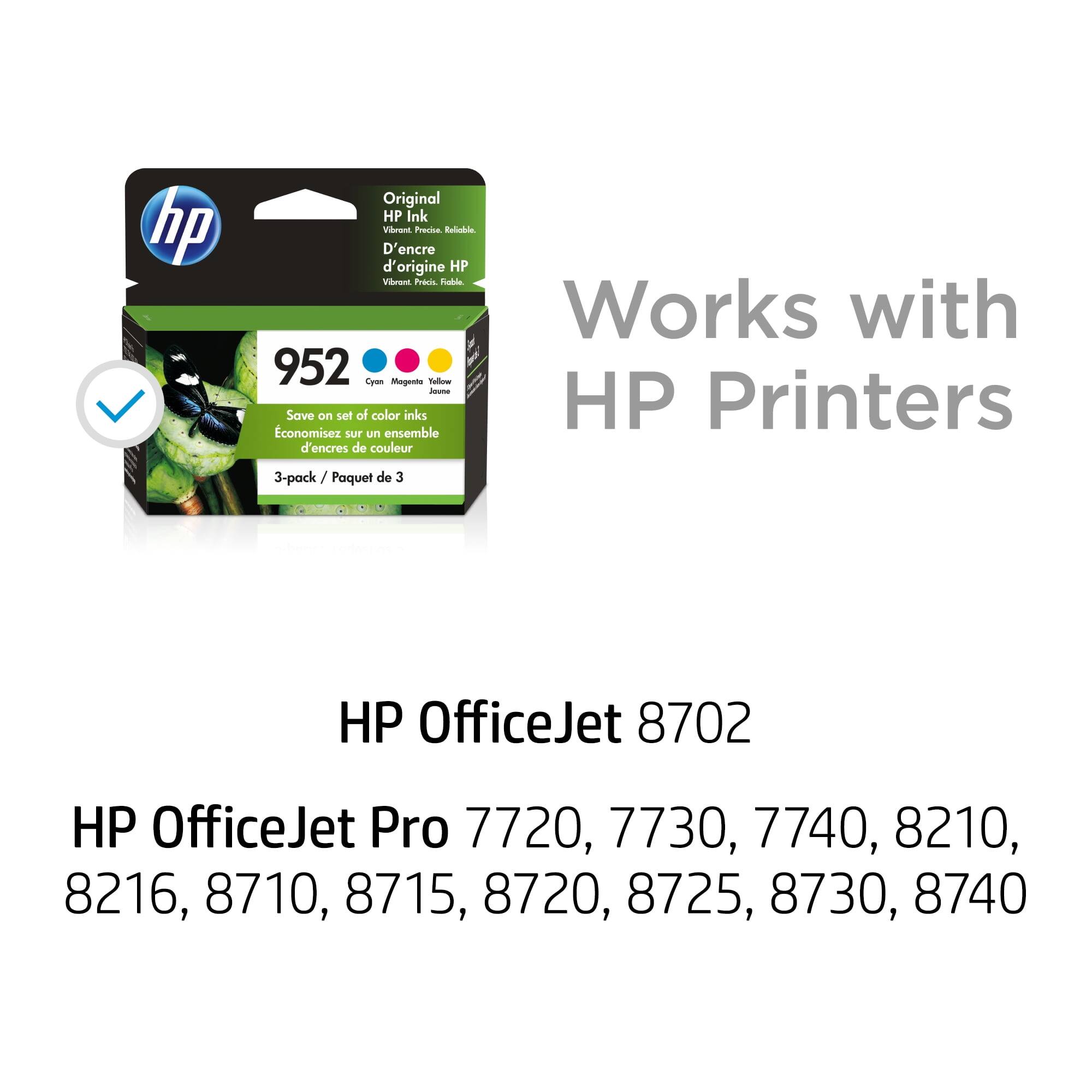 Original HP Ink  
Vibrant. Precise. Reliable.  
D'encre d'origine HP  
Vibrant. Précis. Fiable.  

952  
Cyan Magenta Yellow  
Tallons  

Save on set of color inks  
Economisez sur un ensemble d'encre de couleur  
3-pack / Paquet de 3  

Works with HP Printers  

HP OfficeJet 8702  

HP OfficeJet Pro 7720, 7730, 7740, 8210, 8216, 8710, 8715, 8720, 8725, 8730, 8740