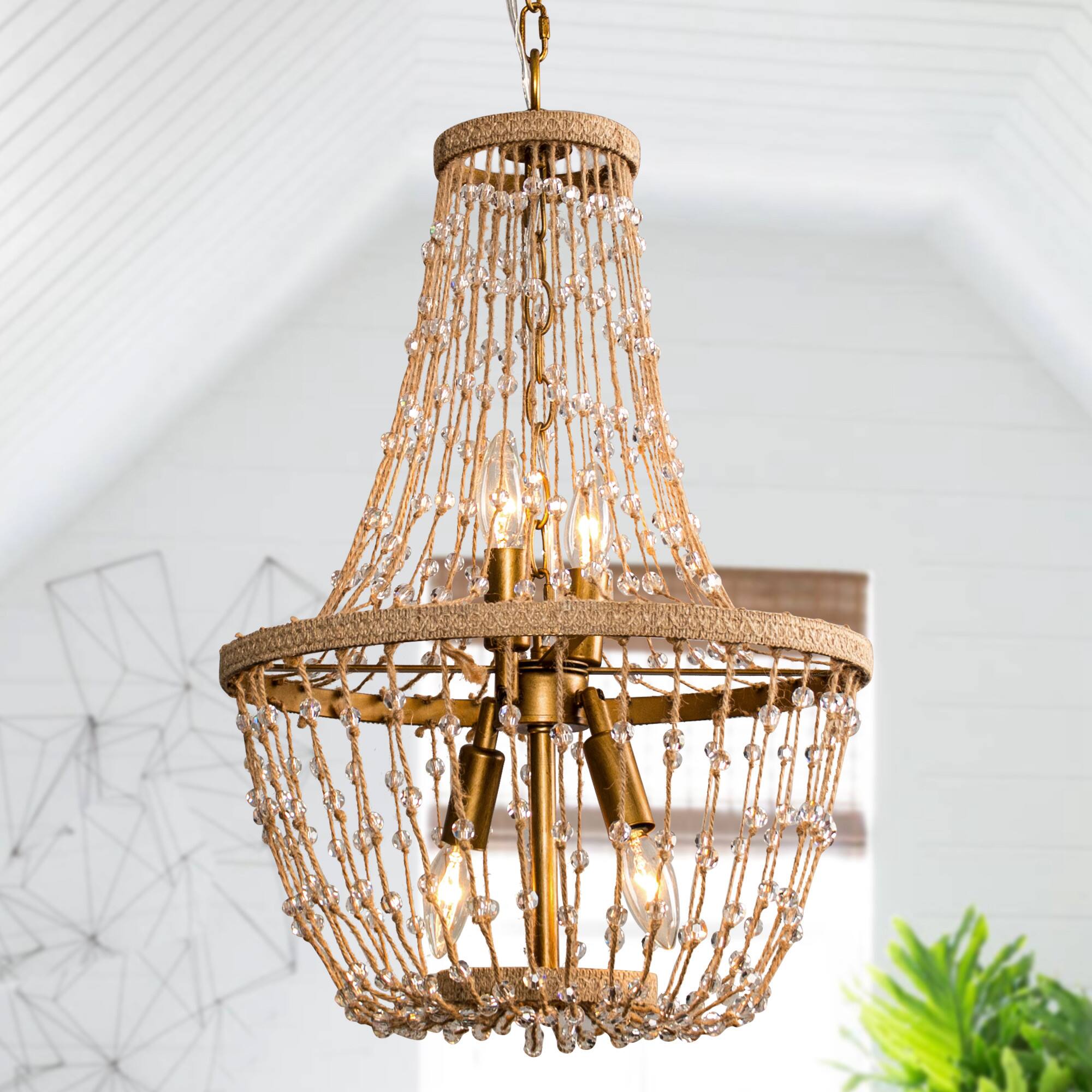 Angle. Parrot Uncle - 16.5 in. 4-Light Antique Gold Crystal Rope Chandelier - Antique Gold.