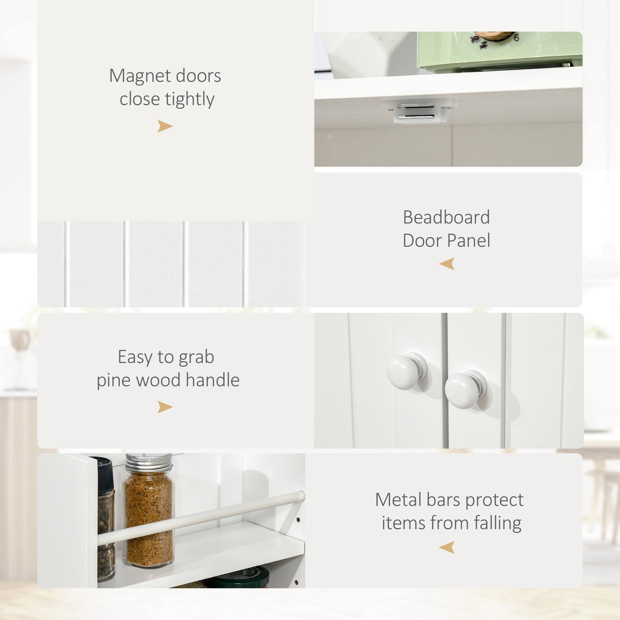 - Magnet doors close tightly
- Beadboard Door Panel
- Easy to grab pine wood handle
- Metal bars protect items from falling