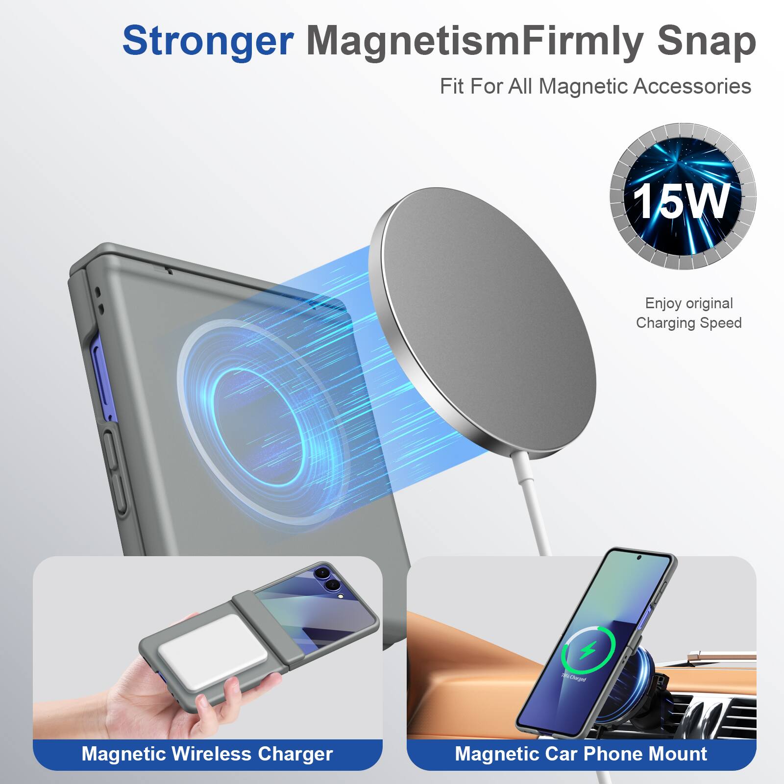 Stronger Magnetism  
Firmly Snap Fit For All Magnetic Accessories

15W  
Enjoy original Charging Speed

muCharged  
Magnetic Wireless Charger  
Magnetic Car Phone Mount