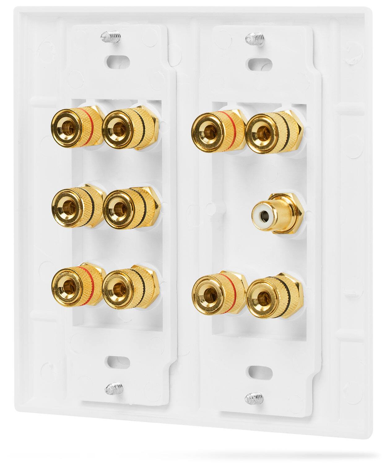 Angle. Fosmon - 2-Gang 5.1 Surround Sound Distribution Wall Plate w/ Gold Plated 5-Pair Copper Binding Posts + 1 RCA Jack - White - White.
