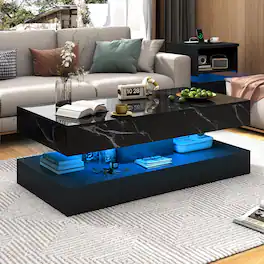 Lent Glitter Wood - Large LED Coffee Table with 2 Storage Drawers, Modern High Gloss Coffee Table w/20 Colors LED Lights/APP Control - Black