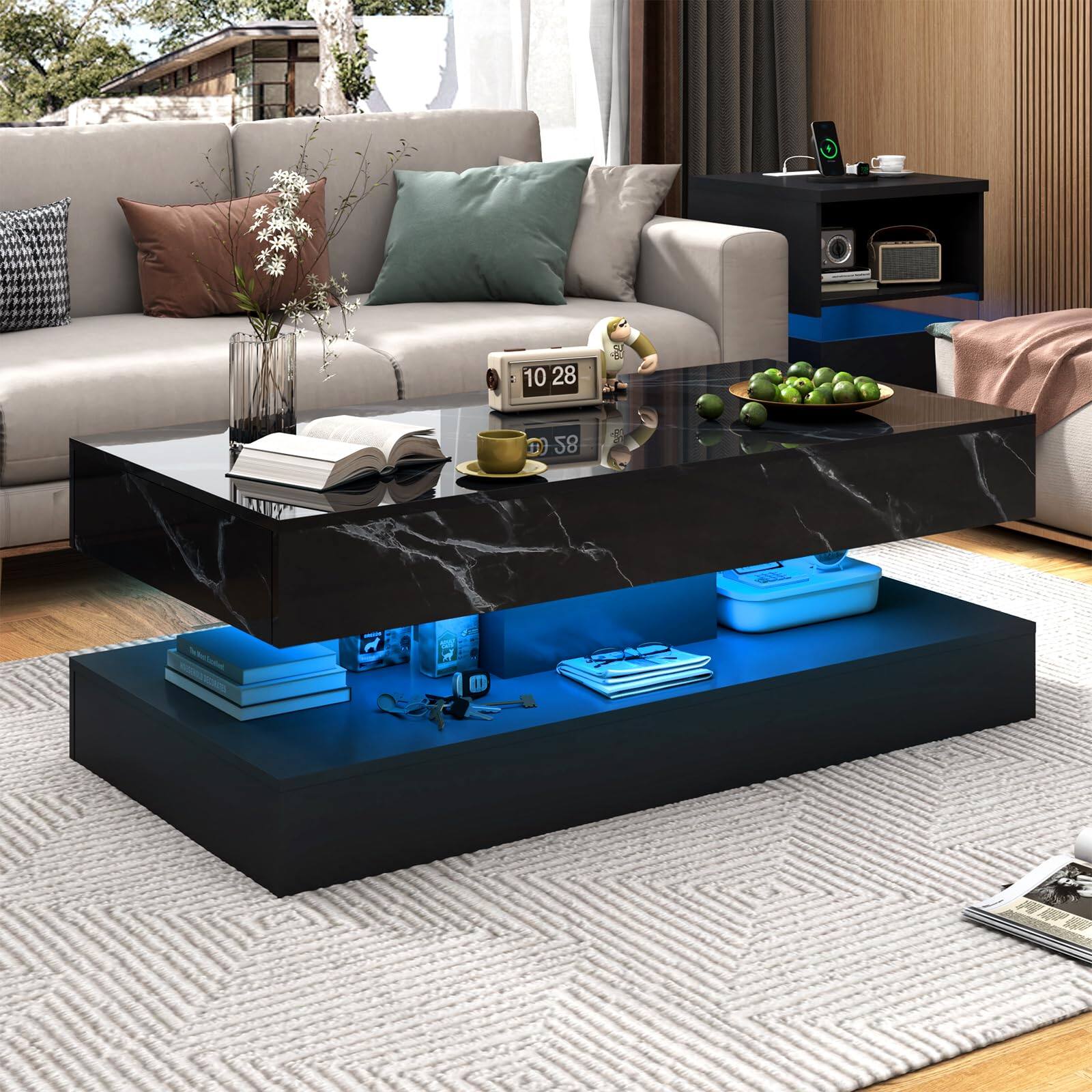Front. Lent Glitter Wood - Large Black LED Coffee Table with 2 Storage Drawers, Modern High Gloss Coffee Table w/20 Colors LED Lights/APP Control, - Black.