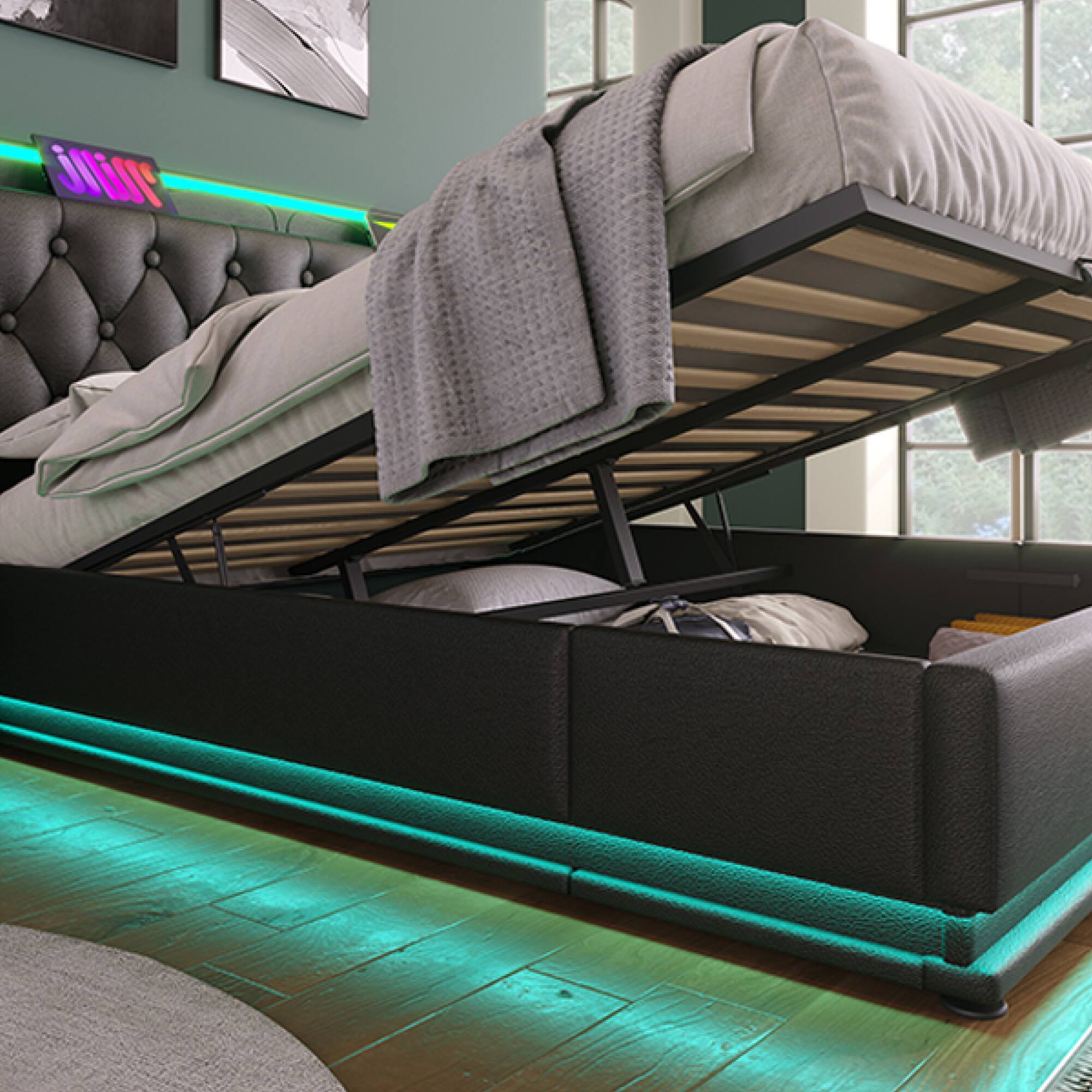 Alt View 5. GOODSILO - Queen Size Upholstered LED Bed with Hydraulic Storage and USB Charging - Black.