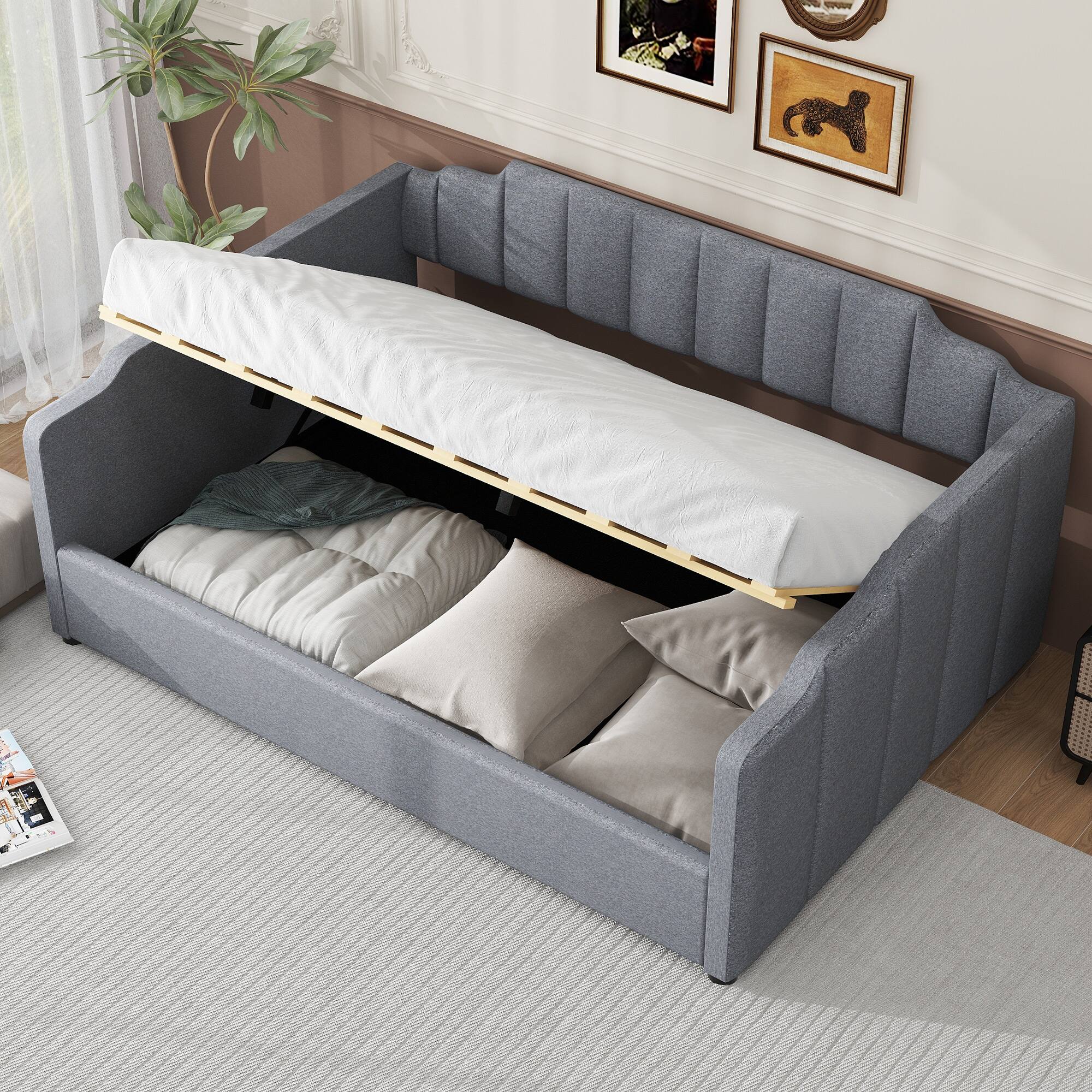 Left. Whisen - Full Size Upholstered Daybed with Underneath Storage for Bedroom and Guest Room - Gray.