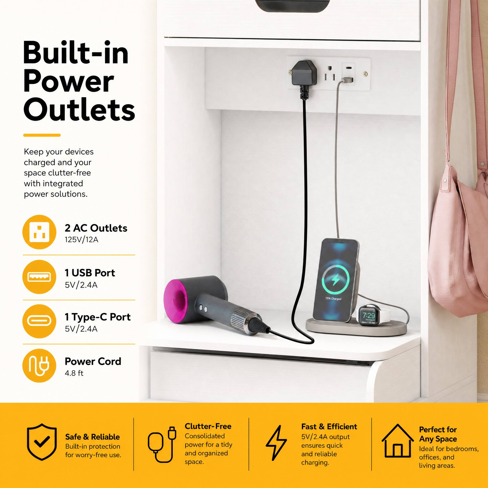 Built-in Power Outlets

Keep your devices charged and your space clutter-free with integrated power solutions.

- 2 AC Outlets 125V/12A
- 1 USB Port 5V/2.4A
- 1 Type-C Port 5V/2.4A
- Power Cord 4.8 ft

Safe & Reliable
Built-in protection for worry-free use.

Clutter-Free
Consolidated power for a tidy and organized space.

Fast & Efficient
5V/2.4A output ensures quick and reliable charging.

Perfect for Any Space
Ideal for bedrooms, offices, and living areas.