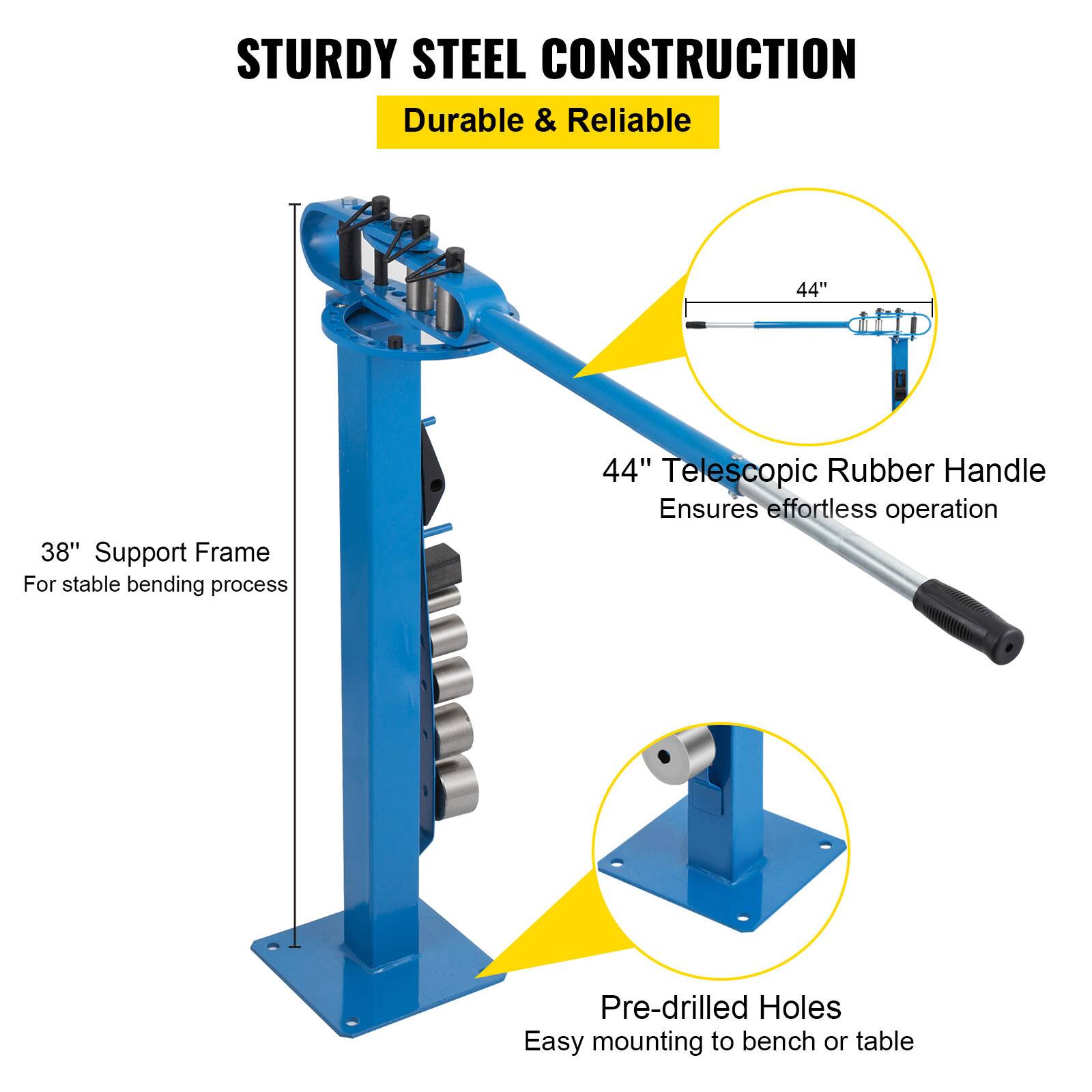 STURDY STEEL CONSTRUCTION  
Durable & Reliable  

44" Telescopic Rubber Handle  
Ensures effortless operation  

38" Support Frame  
For stable bending process  

Pre-drilled Holes  
Easy mounting to bench or table