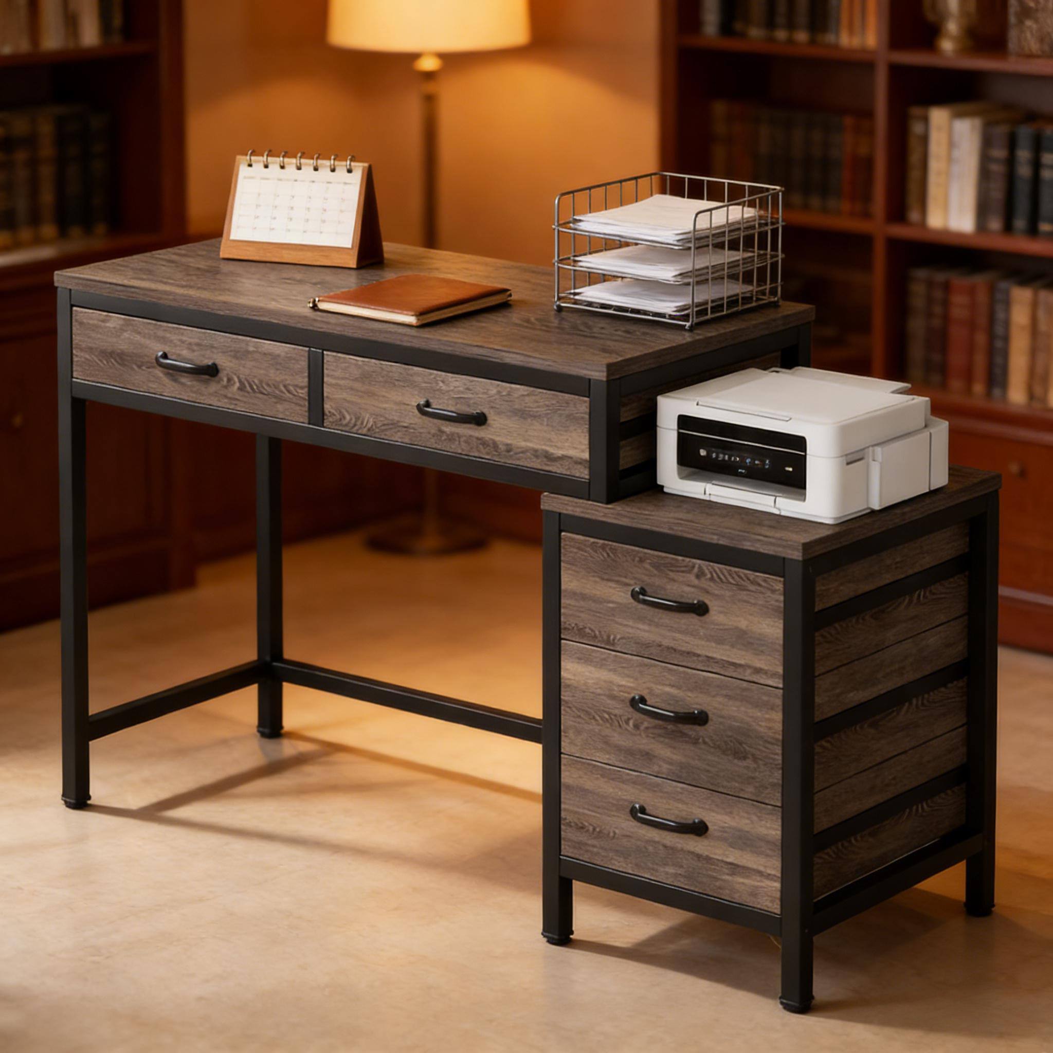 Alt View 4. Forest'nSky - Modern Computer Desk with Drawer Cabinet, Writing Table & Spacious Office Workstation,Grey - Grey.