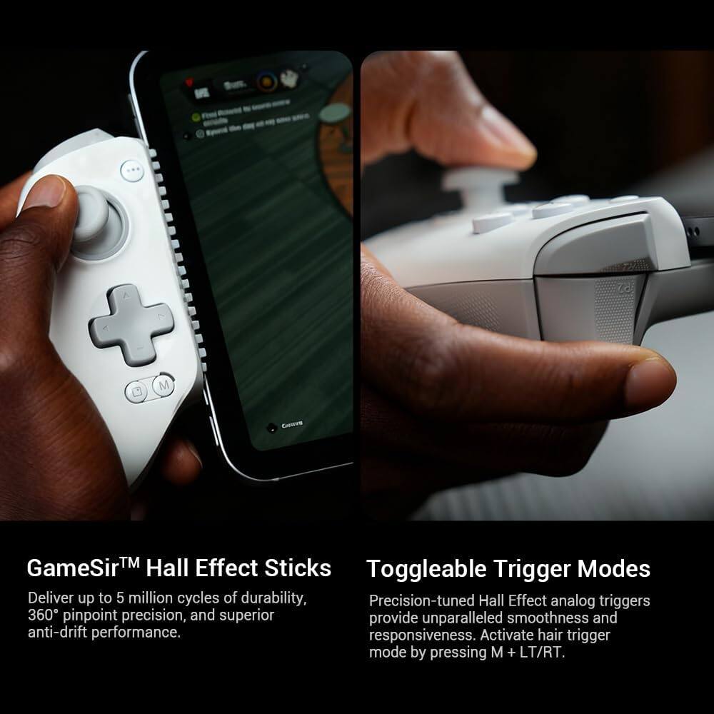GameSir™ Hall Effect Sticks  
Deliver up to 5 million cycles of durability, 360° pinpoint precision, and superior anti-drift performance.

Toggleable Trigger Modes  
Precision-tuned Hall Effect analog triggers provide unparalleled smoothness and responsiveness. Activate hair trigger mode by pressing M + LT/RT.