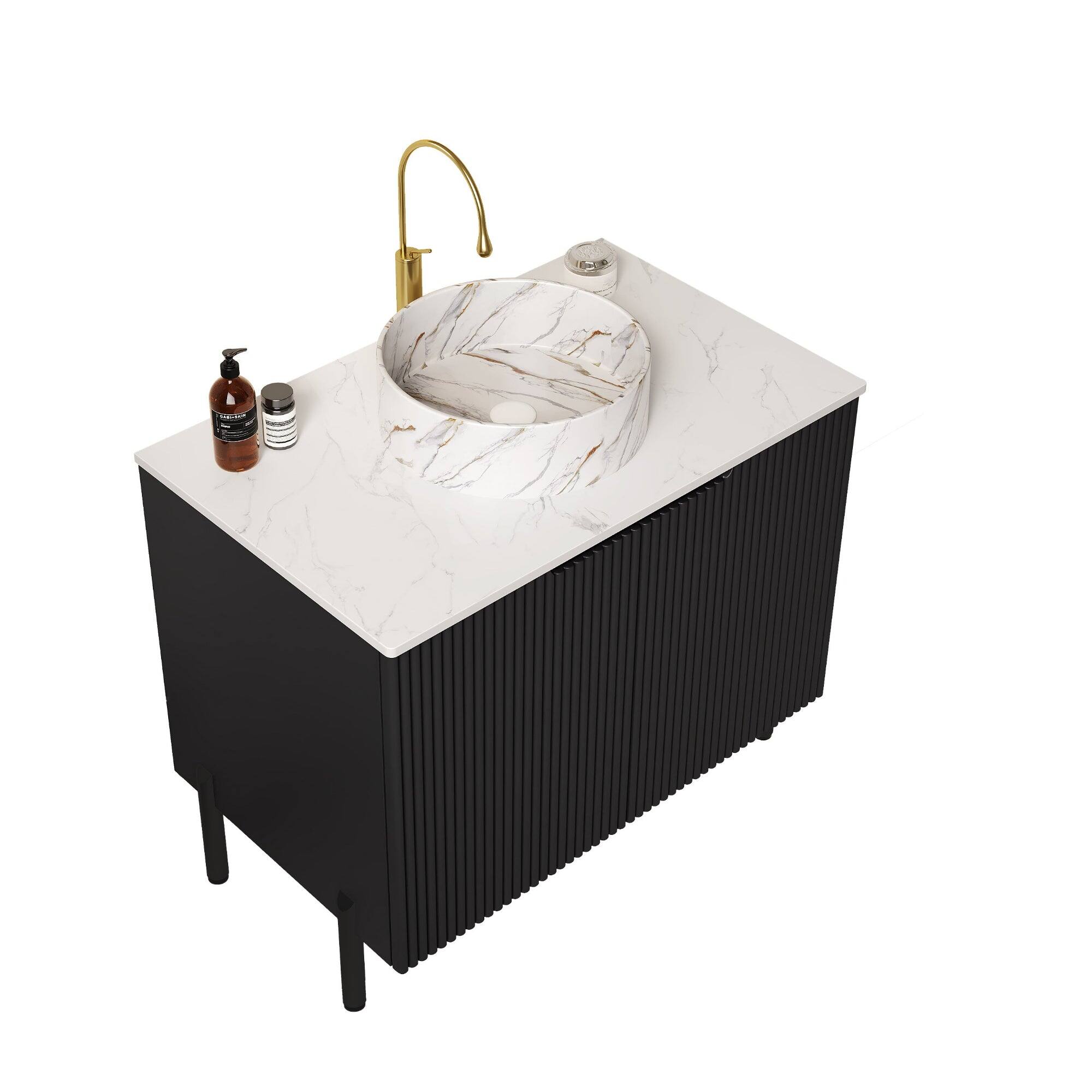 Alt View 3. Boyel Living - 30 Bathroom Vanity Cabinet with 2 Doors White Round Ceramic Basin Stone Pattern Carrara White Top Black - Black White.