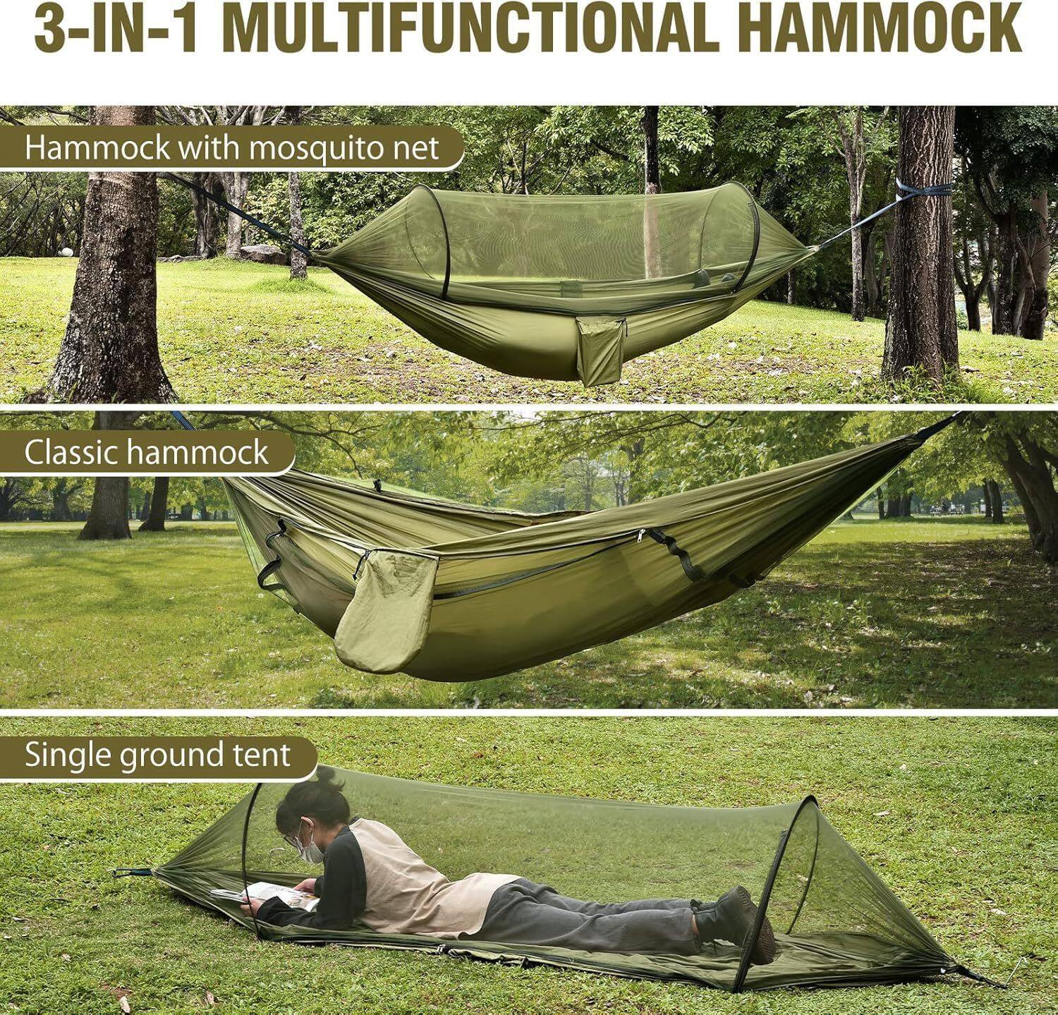 3-IN-1 MULTIFUNCTIONAL HAMMOCK

- Hammock with mosquito net
- Classic hammock
- Single ground tent