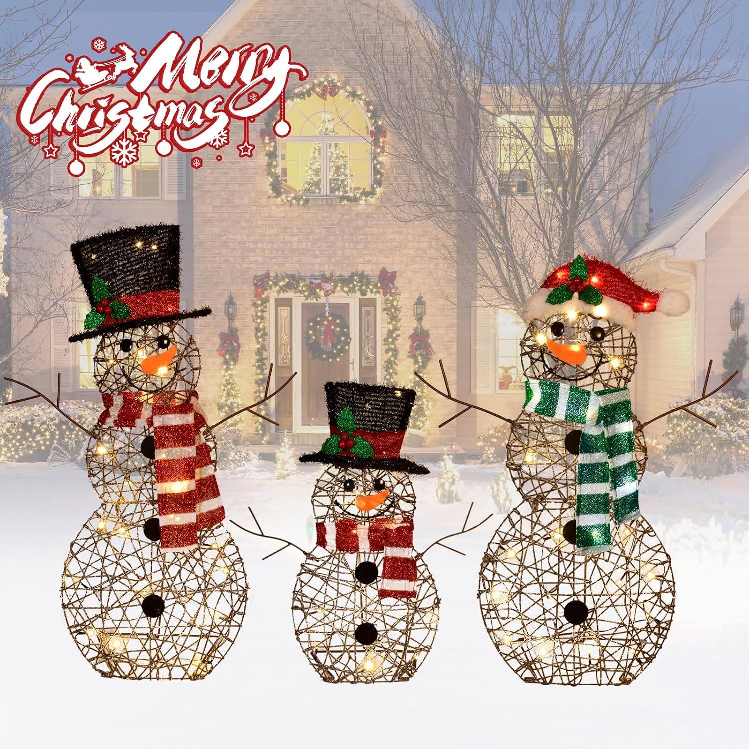 Oumilen 3 Piece Lighted Christmas Rattan Snowman Family Yard Decor – 2D ...