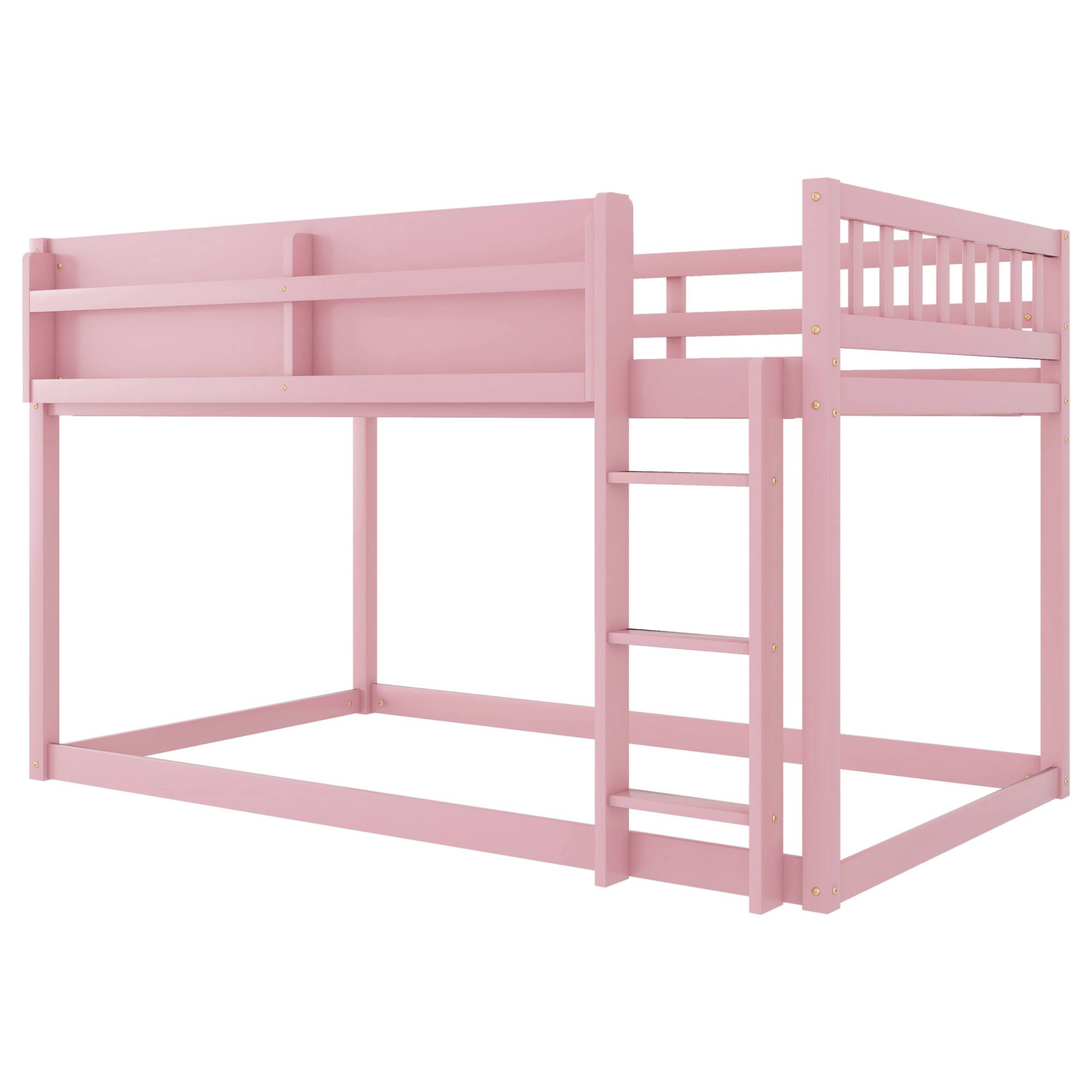 Alt View 4. GOODSILO - Low Twin Over Twin Solid Wood Bunk Bed with Ladder for Kids and Juniors - Pink.