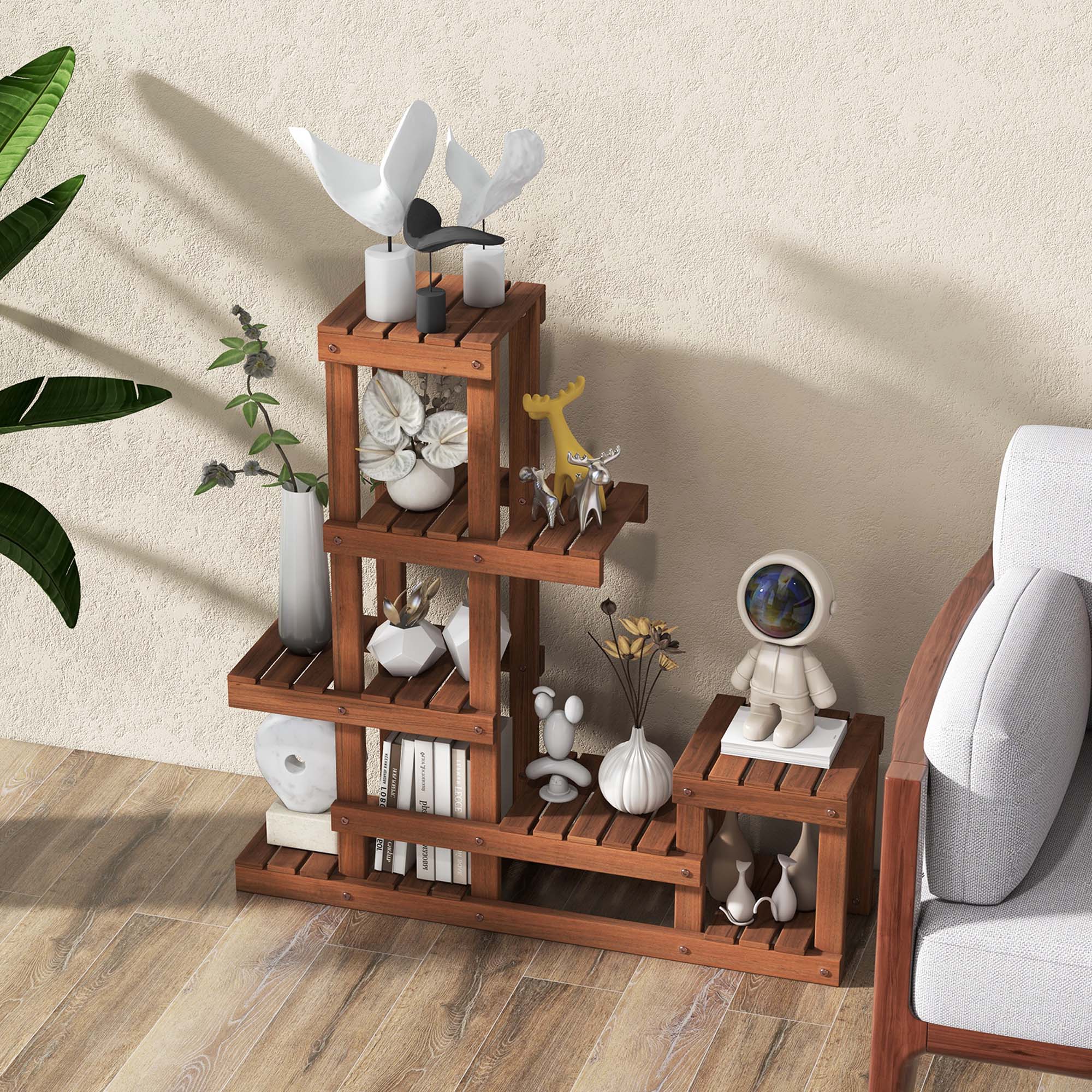 Alt View 2. Costway - Multi-layer Wood Plant Stand Flower Shelf Rack with High Low Structure - Brown.