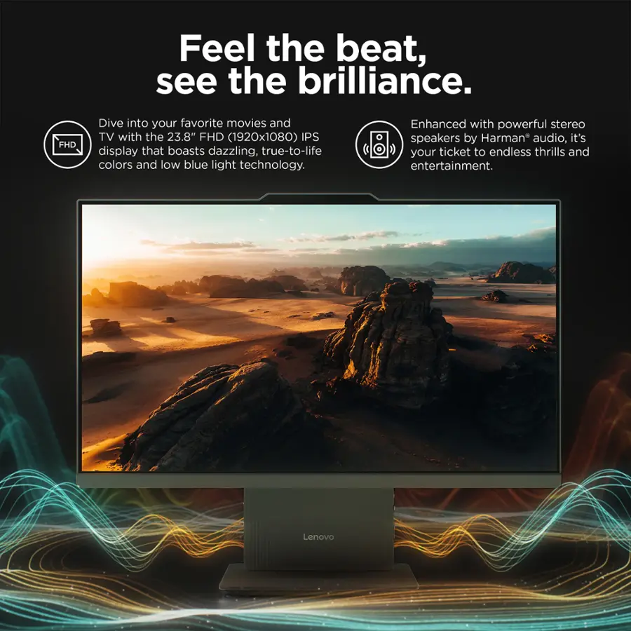 Feel the beat, see the brilliance. FHD Dive into your favorite movies and TV with the 23.8" FHD (1920x1080) IPS display that boasts dazzling, true-to-life colors and low blue light technology. Enhanced with powerful stereo speakers by Harman* audio, it's your ticket to endless thrills and entertainment. Lenovo.