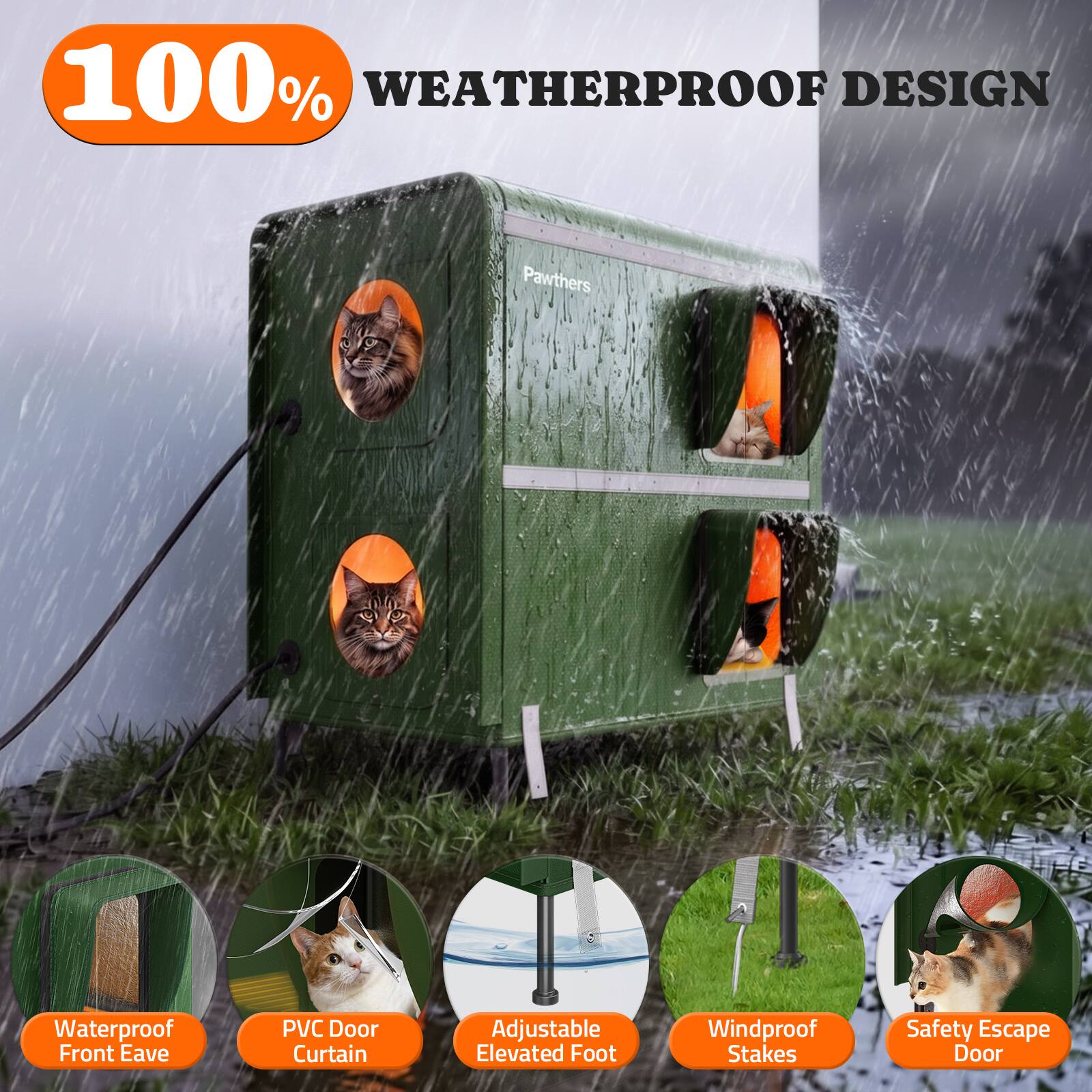100% WEATHERPROOF DESIGN

- Waterproof Front Eave
- PVC Door Curtain
- Adjustable Elevated Foot
- Windproof Stakes
- Safety Escape Door