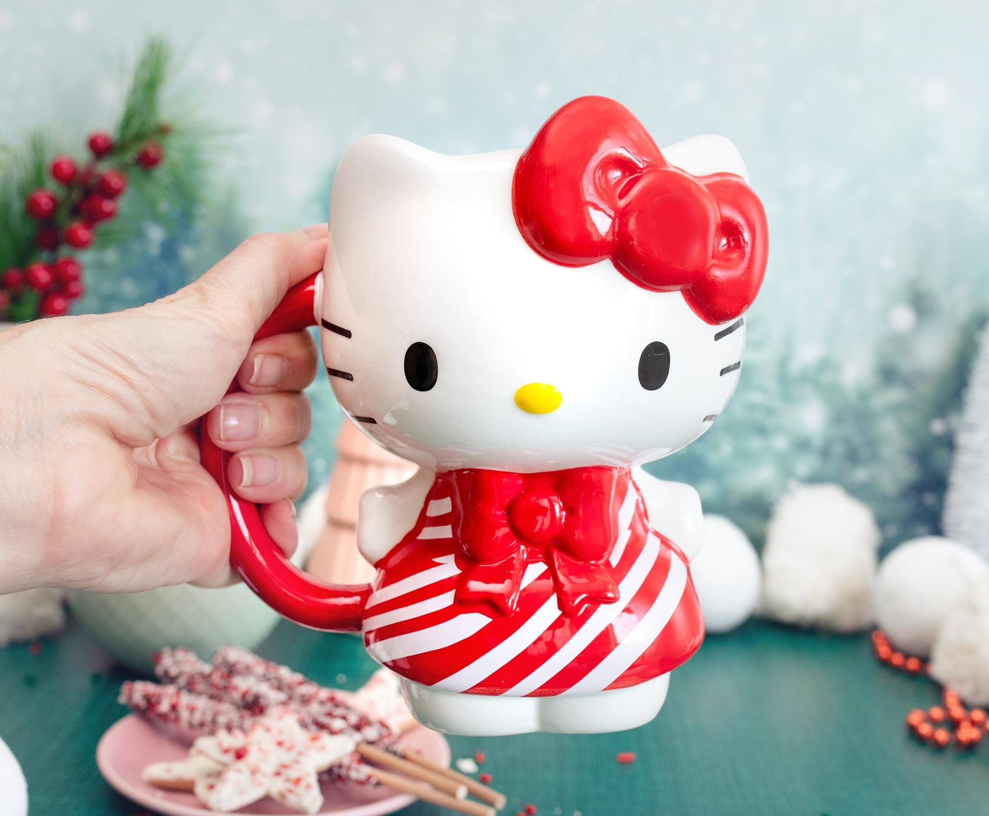 Alt View 3. Hello Kitty - Sanrio Hello Kitty Candy Cane Dress 3D Sculpted Ceramic Mug | Holds 20 Ounces - Red.