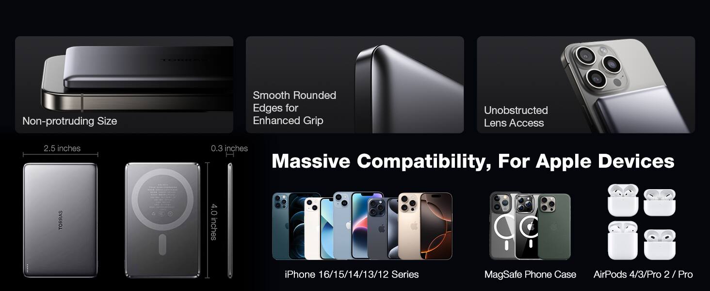 - Non-protruding Size
- Smooth Rounded Edges for Enhanced Grip
- Unobstructed Lens Access
- 2.5 inches
- 0.3 inches
- 4.0 inches
- Massive Compatibility, For Apple Devices
- iPhone 16/15/14/13/12 Series
- MagSafe Phone Case
- AirPods 4/3/Pro 2 / Pro