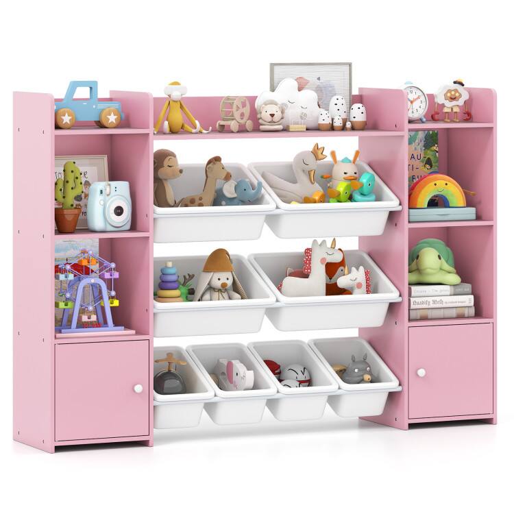 Back. SlickBlue - Kids Toy Organizer with 8 Bins and Bookshelf for Bedroom or Playroom - Pink.