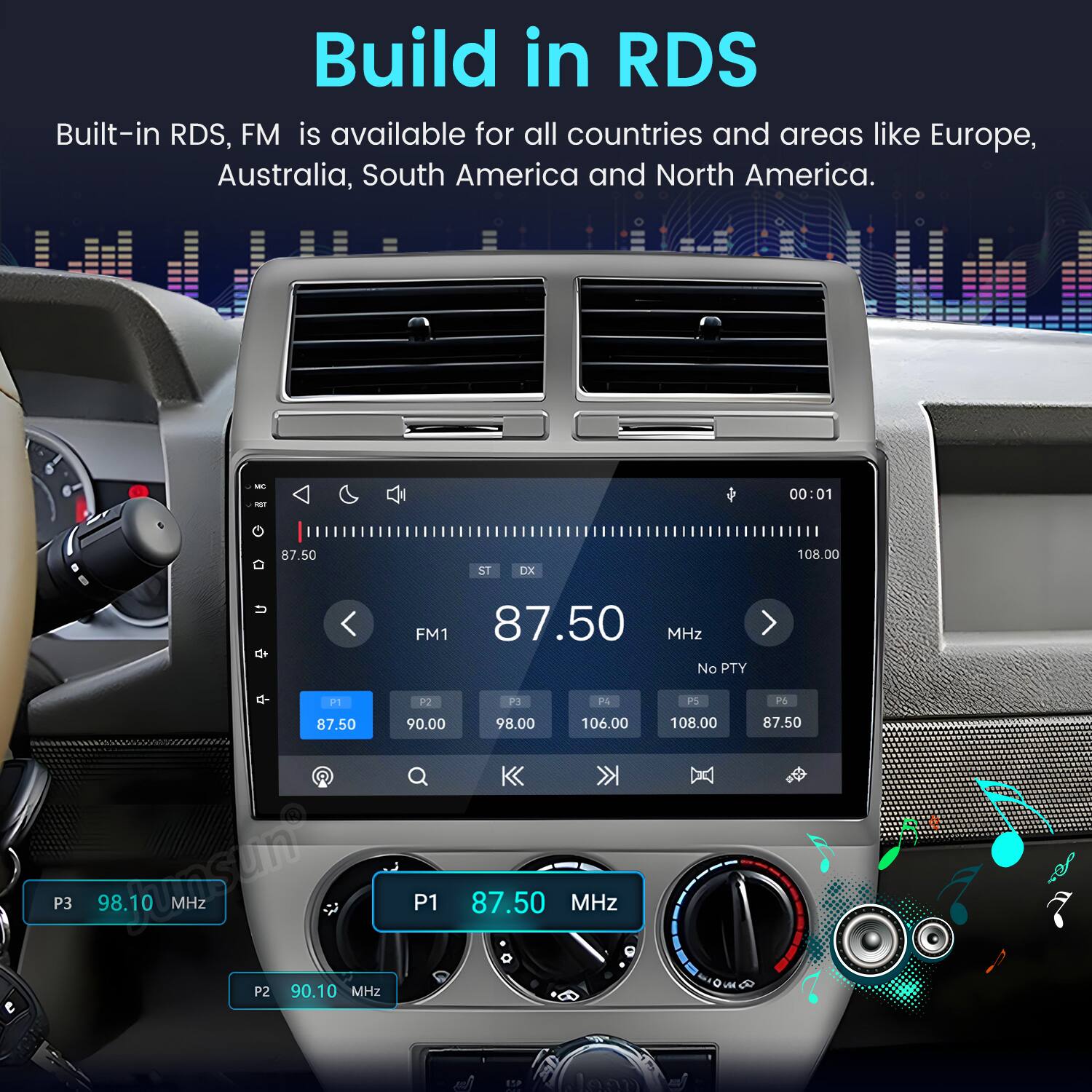 Build in RDS  
Built-in RDS, FM is available for all countries and areas like Europe, Australia, South America and North America.