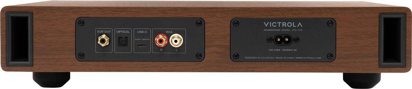 SUB OUT  
OPTICAL  
USB-C  
RCA  
VICTROLA SOUNDSTAGE MODEL: VPS-2100  
CHOUR SERVICE  
R  
L  
100-240V-50/60Hz AC  
DESIGNED IN COLORADO | MADE IN CHINA  
WWW.VICTROLA.COM