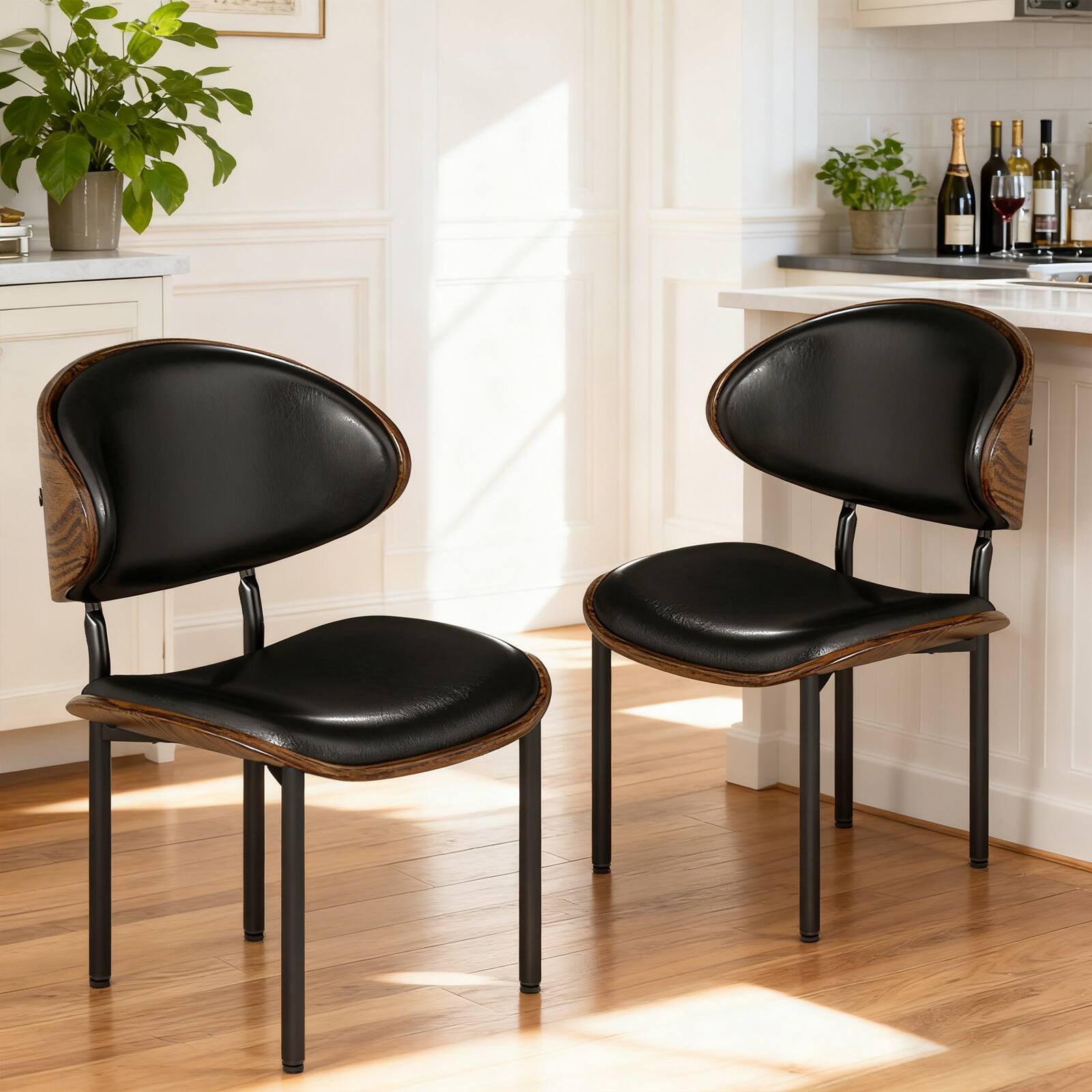 Back. Bestier - Bent Wood Dining Chair Set of 2, Ergonomic Design with PU Upholstery - Black.