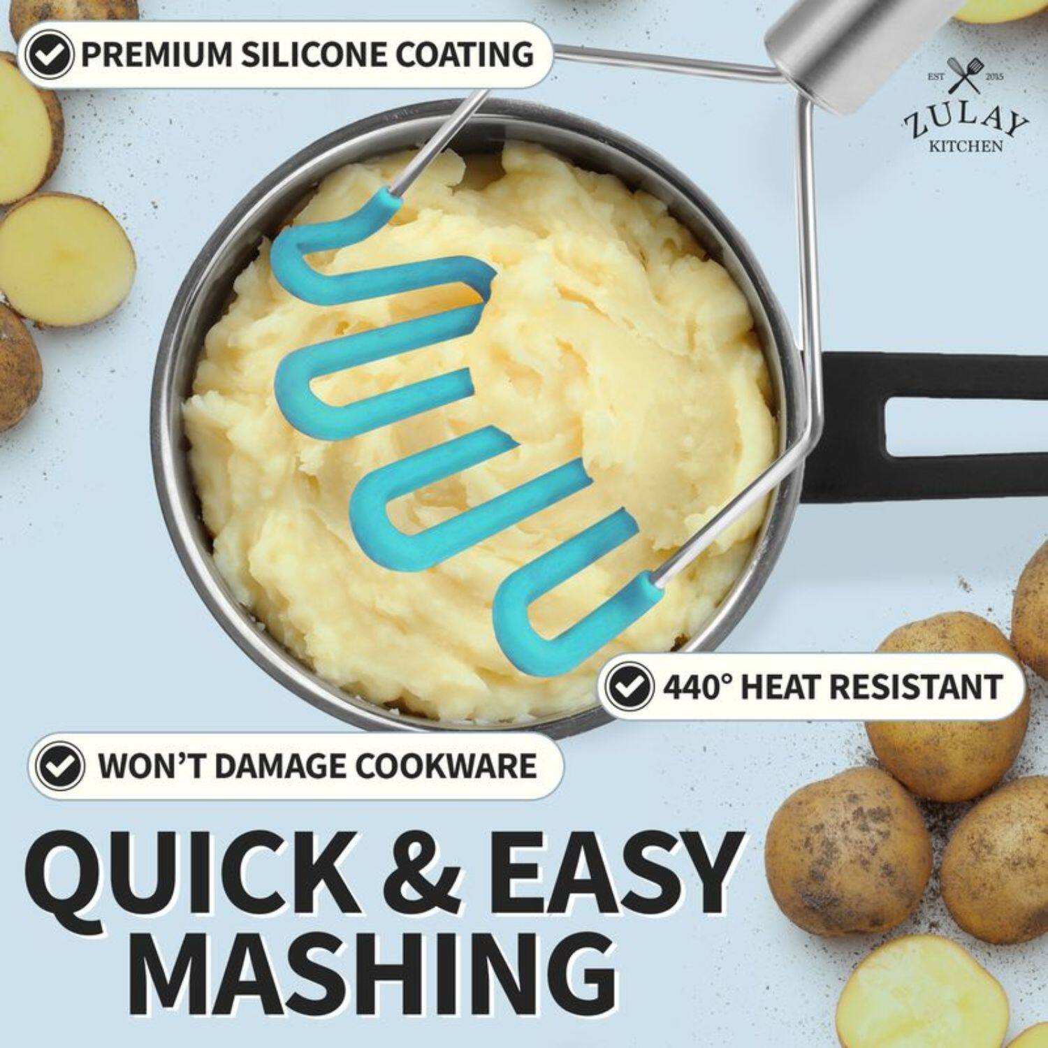 PREMIUM SILICONE COATING, ZULAY KITCHEN, 440° HEAT RESISTANT, WON'T DAMAGE COOKWARE, QUICK & EASY MASHING