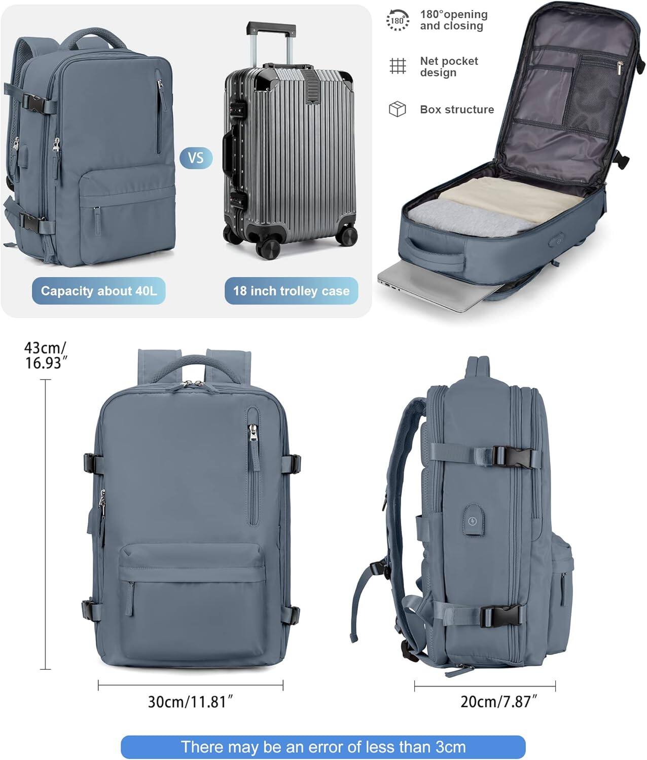 - Capacity about 40L
- 18 inch trolley case
- 43cm/16.93"
- 30cm/11.81"
- 20cm/7.87"
- 180° opening and closing
- Net pocket design
- Box structure
- There may be an error of less than 3cm