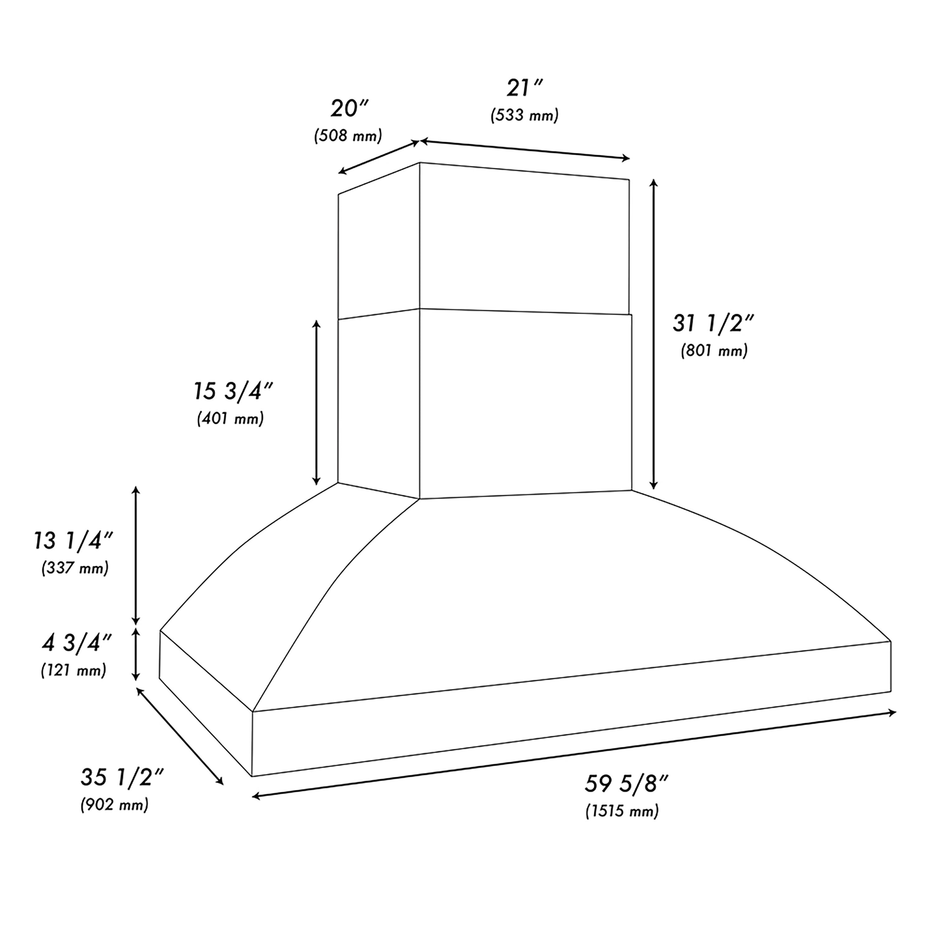 20" (508 mm)  
21" (533 mm)  
15 3/4" (401 mm)  
31 1/2" (801 mm)  
13 1/4" (337 mm)  
4 3/4" (121 mm)  
35 1/2" (902 mm)  
59 5/8" (1515 mm)