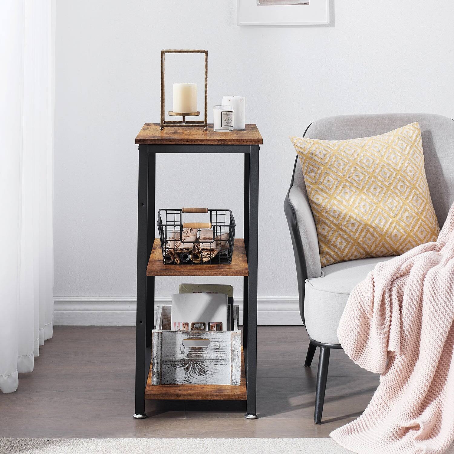 Alt View 2. Vecelo - Side Table with Outlets & USB Ports, 3-Tier End Table with Storage Shelves, Industrial Nightstand with Charging Station - Brown.