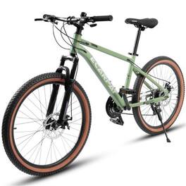 HTUTWOO - 24 Inch Teenager Mountain Bike - High Carbon Steel Frame, Disc Brakes, Durable Design, Brown Edge Tires for Commuting - Green