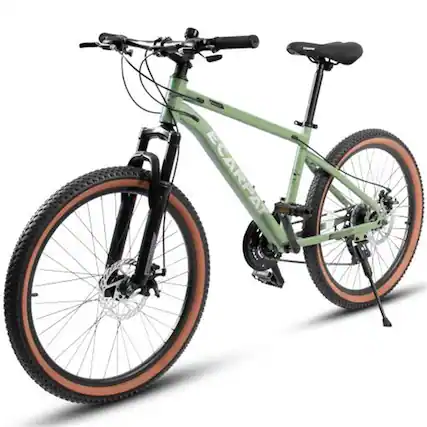 Front. HTUTWOO - 24 Inch Teenager Mountain Bike - High Carbon Steel Frame, Disc Brakes, Durable Design, Brown Edge Tires for Commuting - Green.