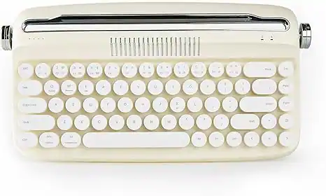 Front. Wikistore - Upgraded Wireless Typewriter Keyboard, Retro Keyboard with Integrated Stand, Cute Round Keycaps for Multi Device - Light/Pastel Yellow.