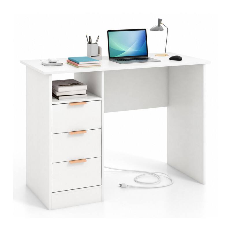 Left. WELLFOR - 42.5" Home Office Desk with Power Outlet, Computer Desk with 3 Drawers and Open Compartment - White.