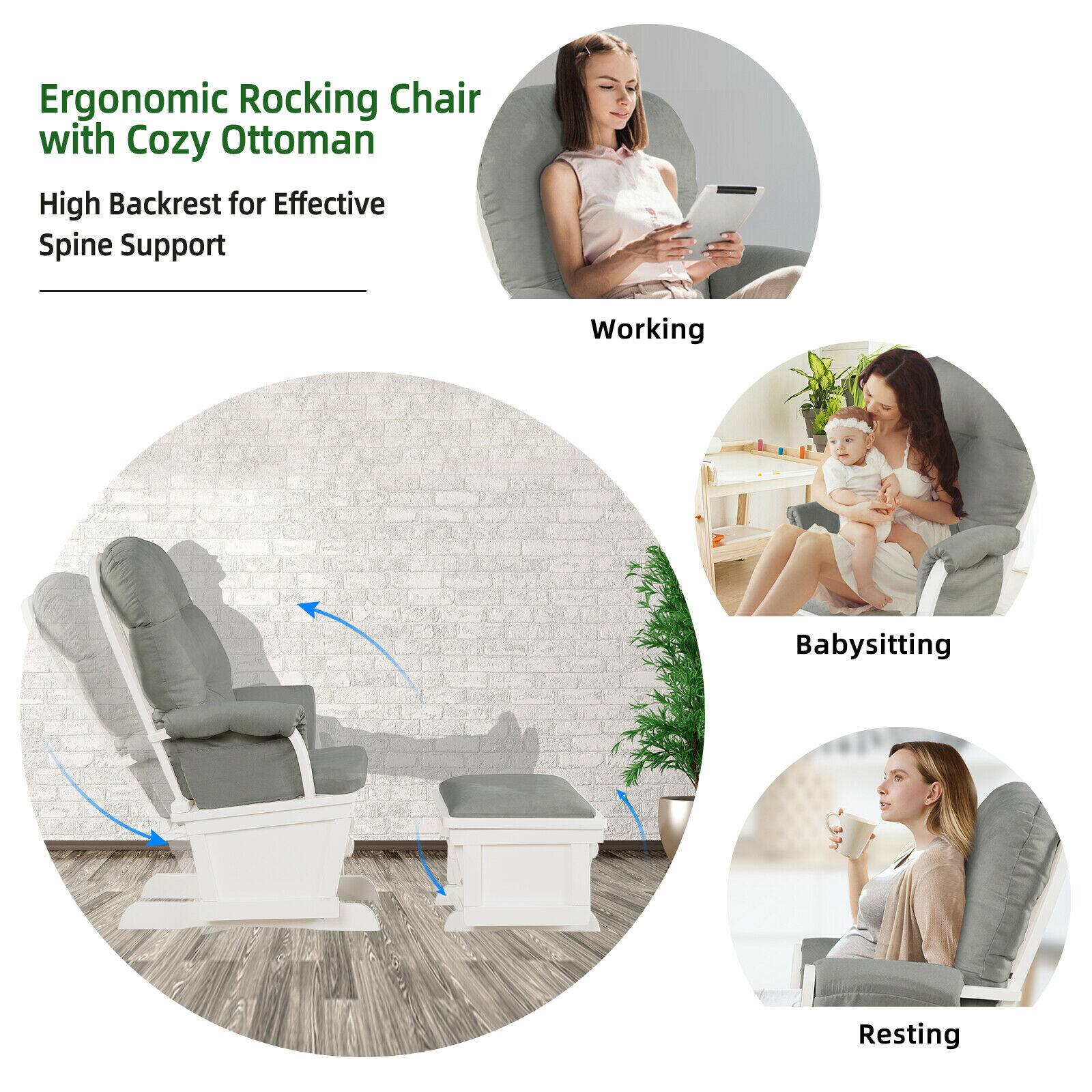 Ergonomic Rocking Chair with Cozy Ottoman  
High Backrest for Effective Spine Support  

Working  
Babysitting  
Resting