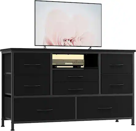 Front. GARVEE - 8 Drawer TV Stand, Power Outlet, LED, 47" Media Console, Storage Chest, Bedroom, Living Room, Black - Black.