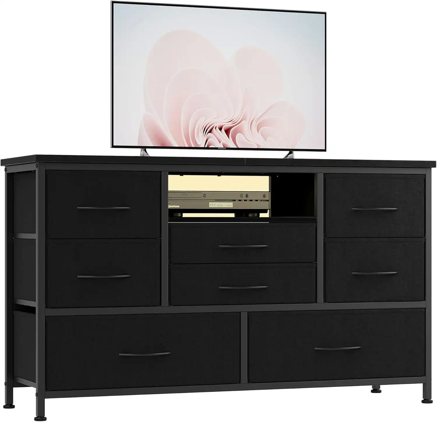 GARVEE - 8 Drawer TV Stand, Power Outlet, LED, 47" Media Console, Storage Chest, Bedroom, Living Room - Black