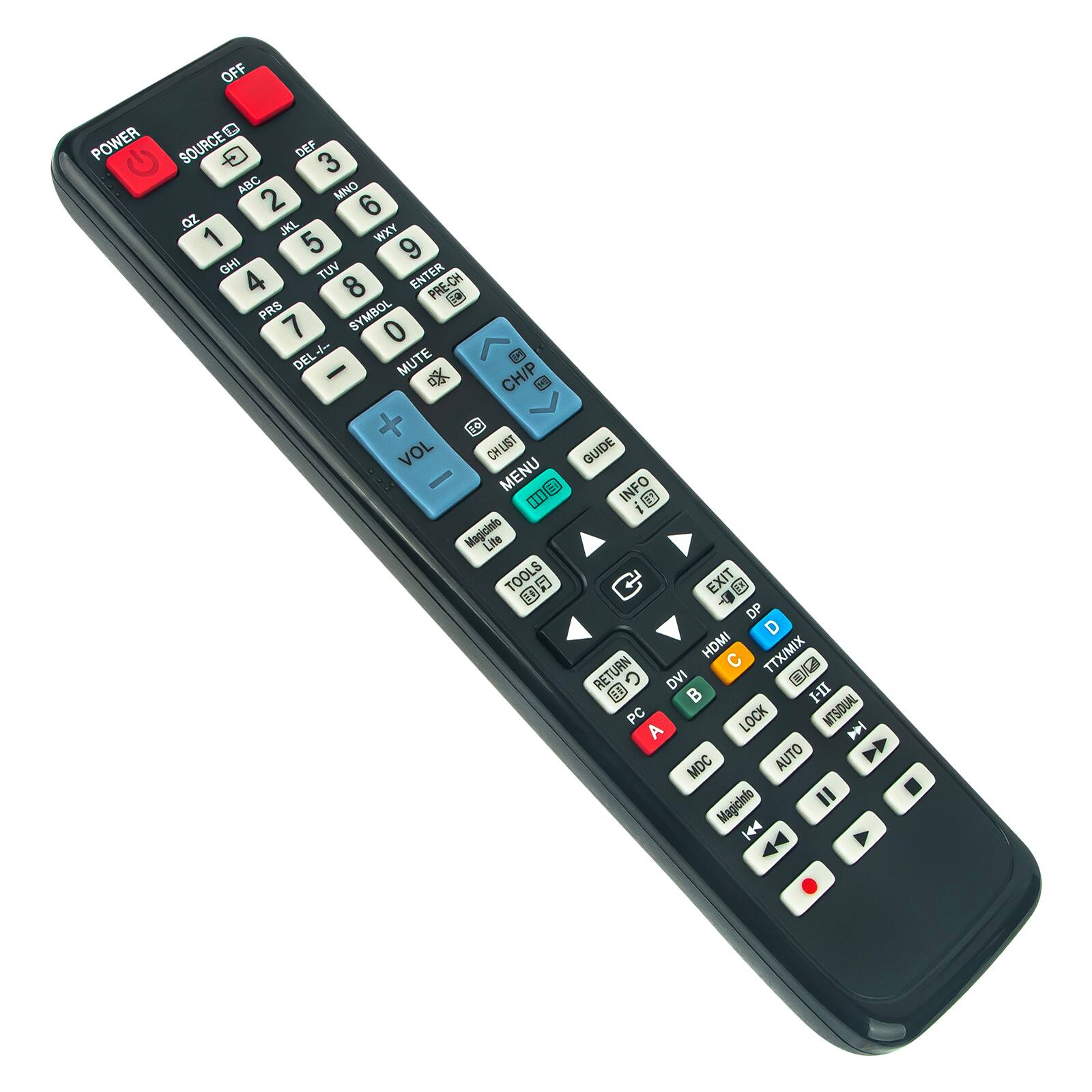OFF  
POWER  
SOURCE  
DEP 3  
ABC 2  
MNO 6  
1  
JKL 5  
WXY 9  
GHI TUV  
ENTER 4  
8  
PRE-CH  
PRS  
SYMBOL 7  
0  
--  
D  
DEL  
MUTE  
CH/P  
J  
16  
VOL  
CHLIST  
GUIDE  
MENU  
INFO  
L1  
Magicinto Lite  
TOOLS  
EXIT  
DP  
D  
HDMI  
C  
TTX/MIX  
RETURN  
DVI  
I-II  
PC  
LOCK  
MTSDUAL  
A  
N  
MDC  
AUTO  
Magicinio  
144
