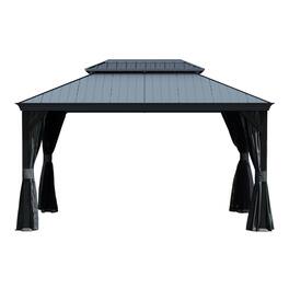 Loheer - Hardtop Gazebo 10x14 Resin Roof Outdoor Metal Gazebo with Gutters Curtains Netting for Patio Deck