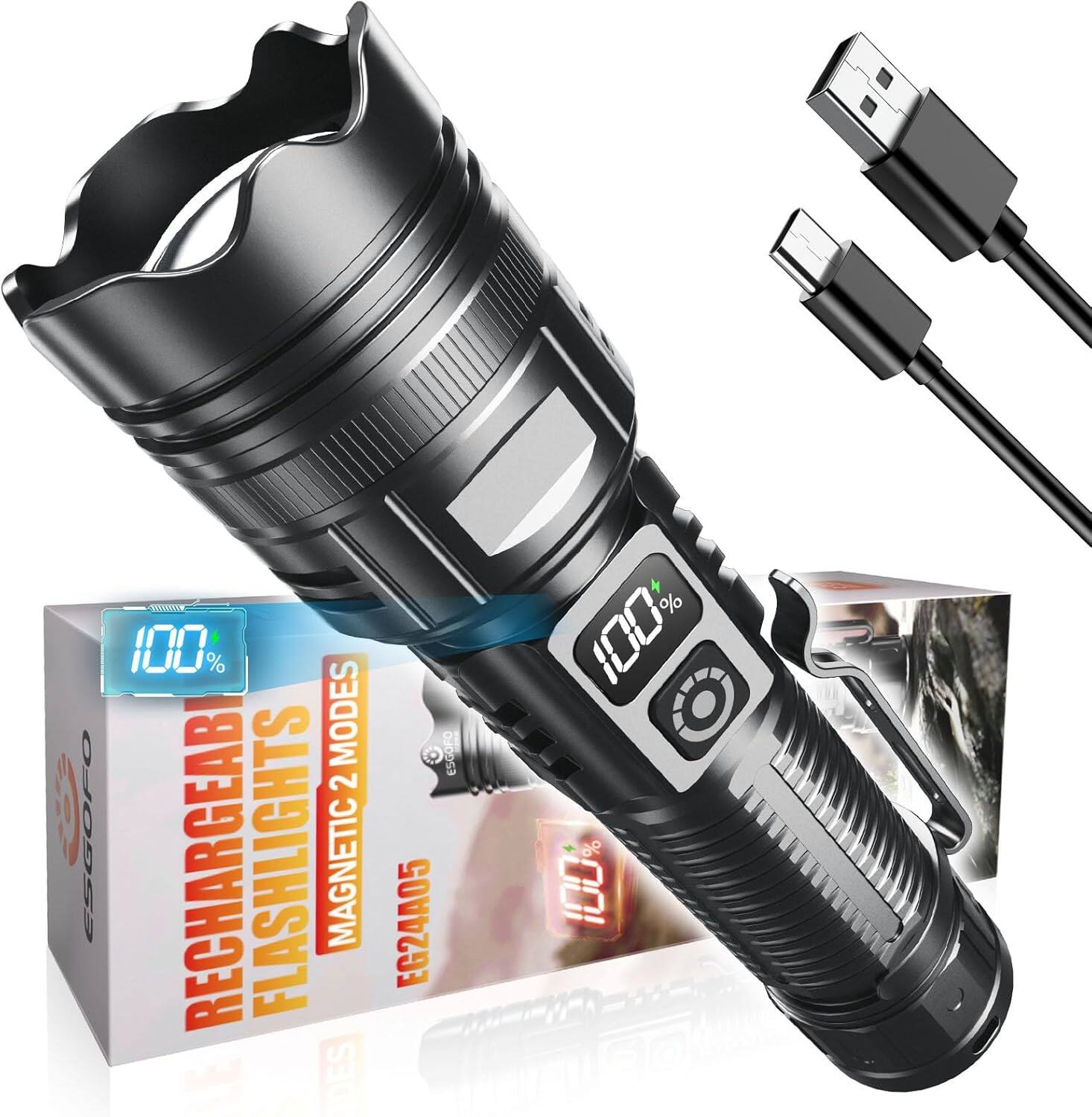 Front. Schertz - 10,000 Lumens Rechargeable LED Flashlight, 2 Modes, Magnetic, USB-C, Clip.