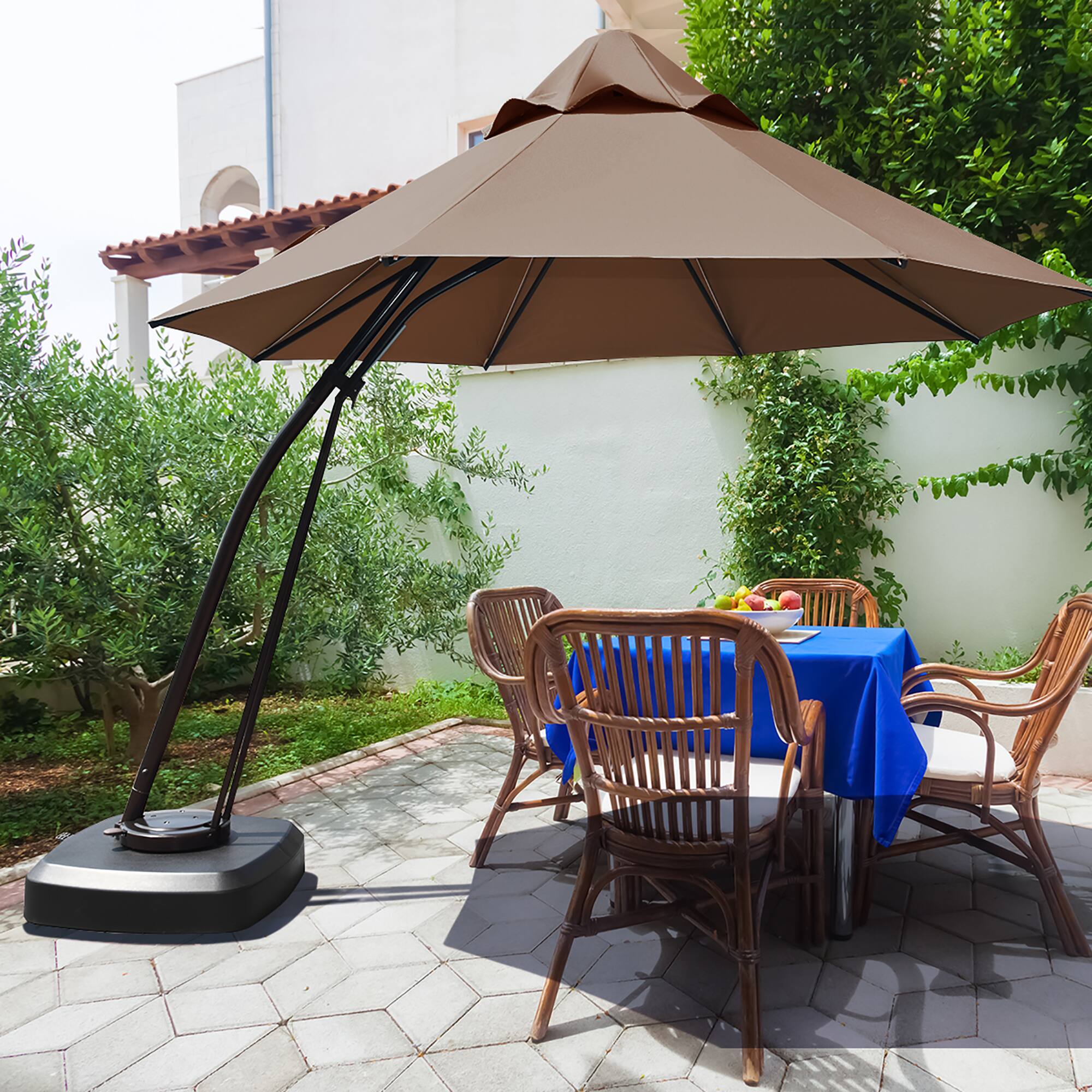 11 Feet Outdoor Cantilever Hanging Umbrella with Base and Wheels Tan