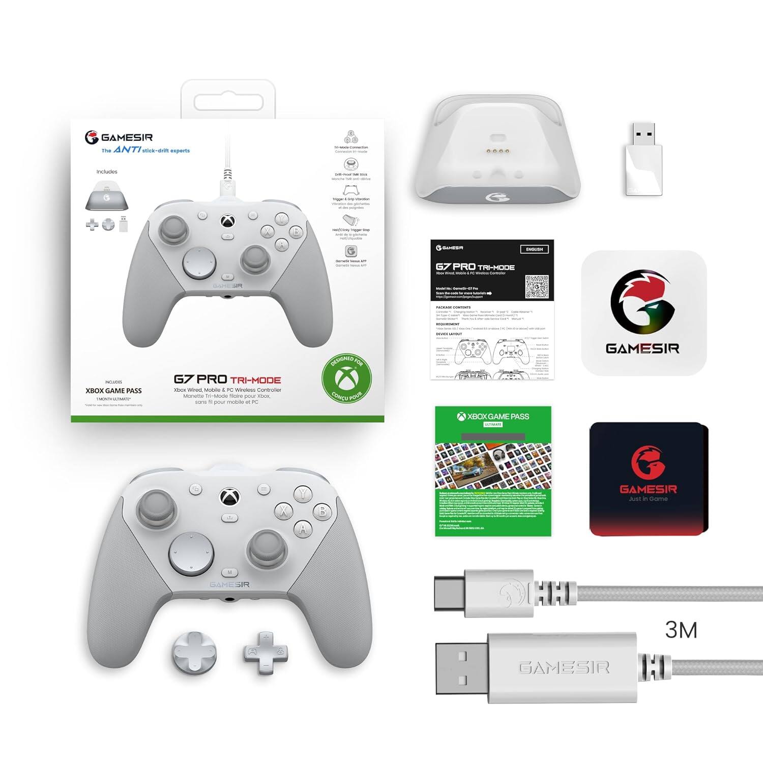 GAMESIR  
The ANTI-drift experts  

G7 PRO TRI-MODE  
XBOX GAME PASS  

Includes:  
- G7 PRO TRI-MODE  
- XBOX GAME PASS  
- GAMESIR Adapter  
- GAMESIR USB Cable (3M)  

Features:  
- 100% Compatibility with Xbox One, Xbox Series X/S, PC, and Mobile  
- Trigger Hair Trigger  
- 360° Analog Stick  
- Wireless and Wired Mode  
- Ergonomic Design  

GAMESIR  
XBOX GAME PASS  
Access to over 100 games  

GAMESIR  
G7 PRO TRI-MODE  
Xbox Wired & Wireless Controller  
Mobile Tri-Mode Adapter for Xbox  

GAMESIR  
3M USB Cable