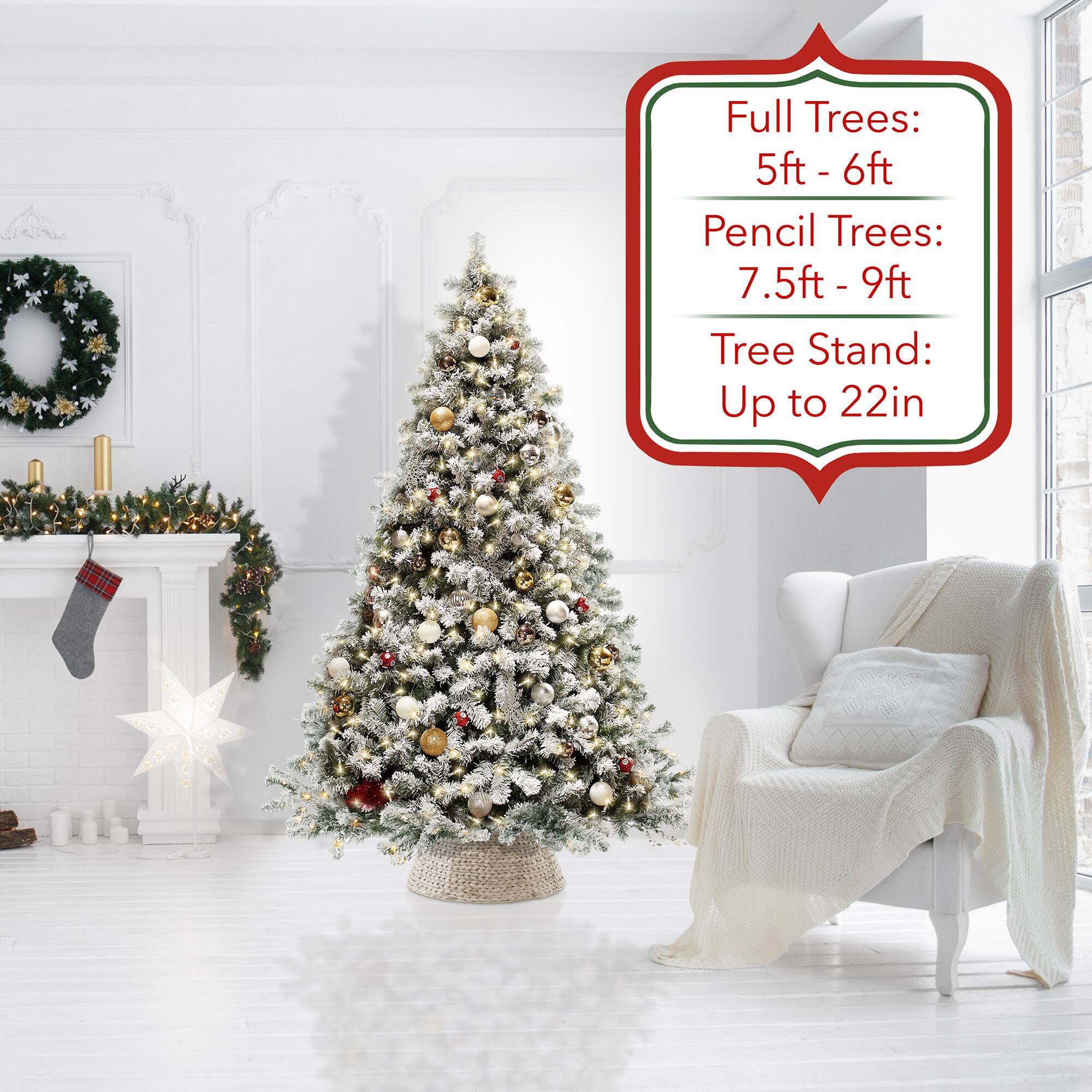 Full Trees: 5ft - 6ft  
Pencil Trees: 7.5ft - 9ft  
Tree Stand: Up to 22in