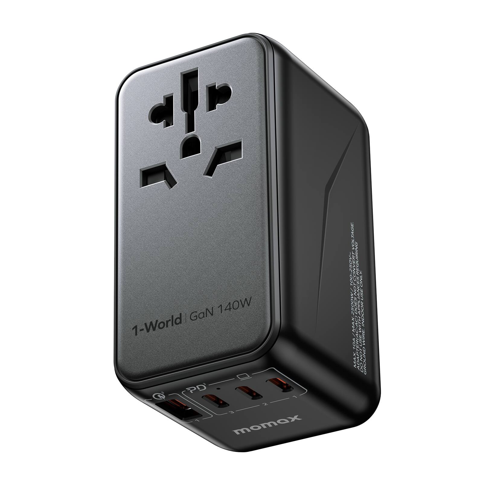 Momax - 1-World Universal 4-Port Travel GaN Charger 140W + USB-C Cable - Black
