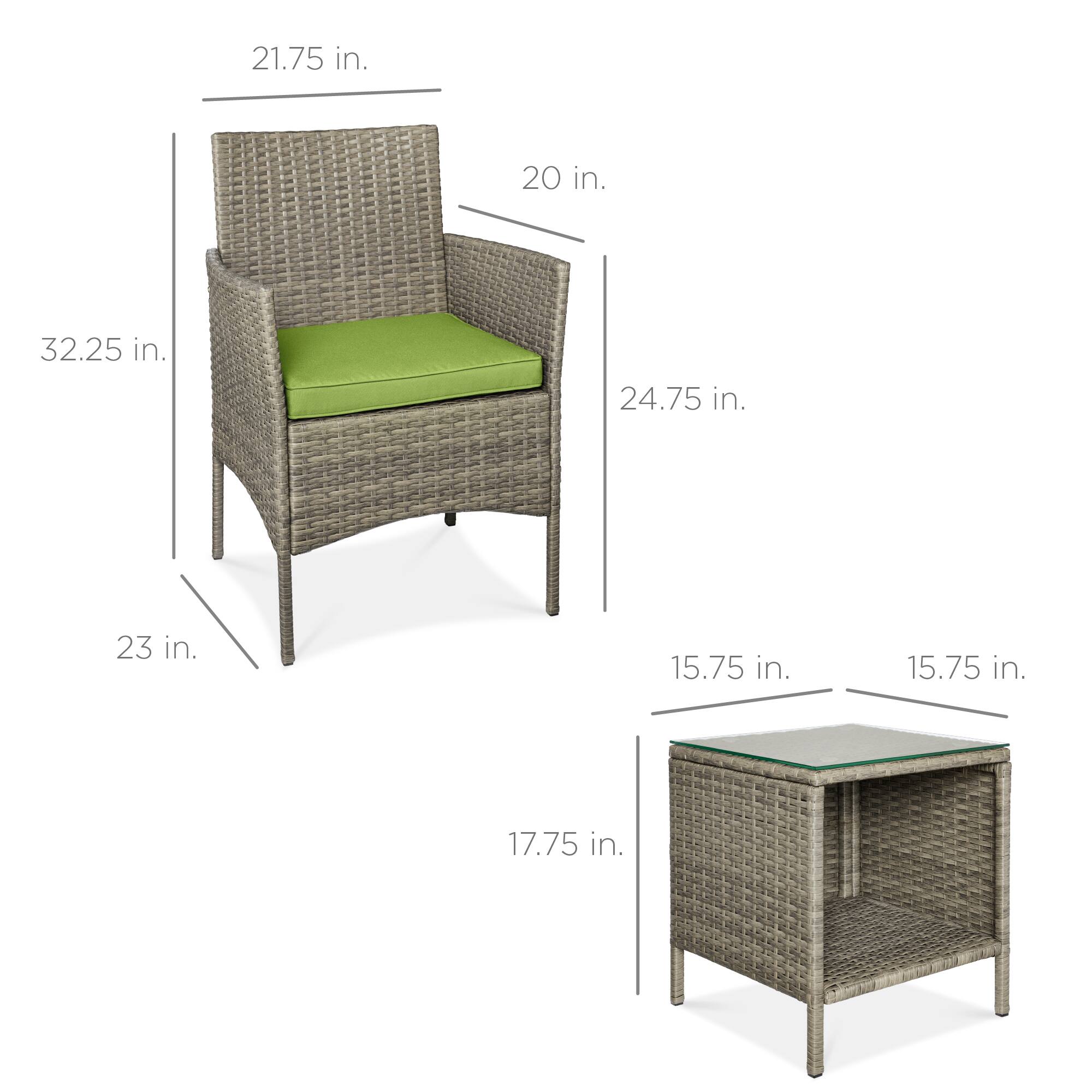 - Chair:
  - Height: 32.25 in.
  - Width: 21.75 in.
  - Depth: 24.75 in.
  - Seat Height: 17.75 in.
  - Seat Depth: 20 in.
  - Armrest Height: 23 in.

- Table:
  - Height: 15.75 in.
  - Width: 15.75 in.
  - Depth: 17.75 in.