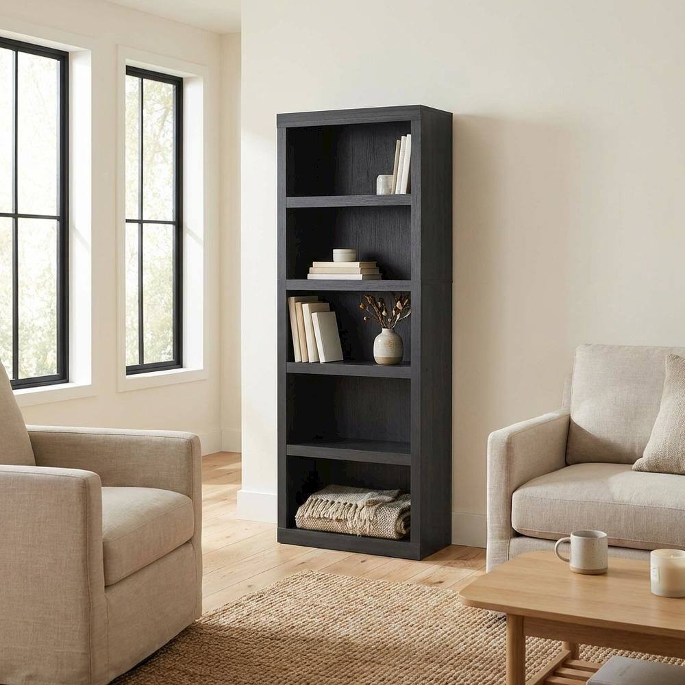 Left. FurniFact - Bookcase in black wood with spacious open shelves for versatile storage - Blackwood.