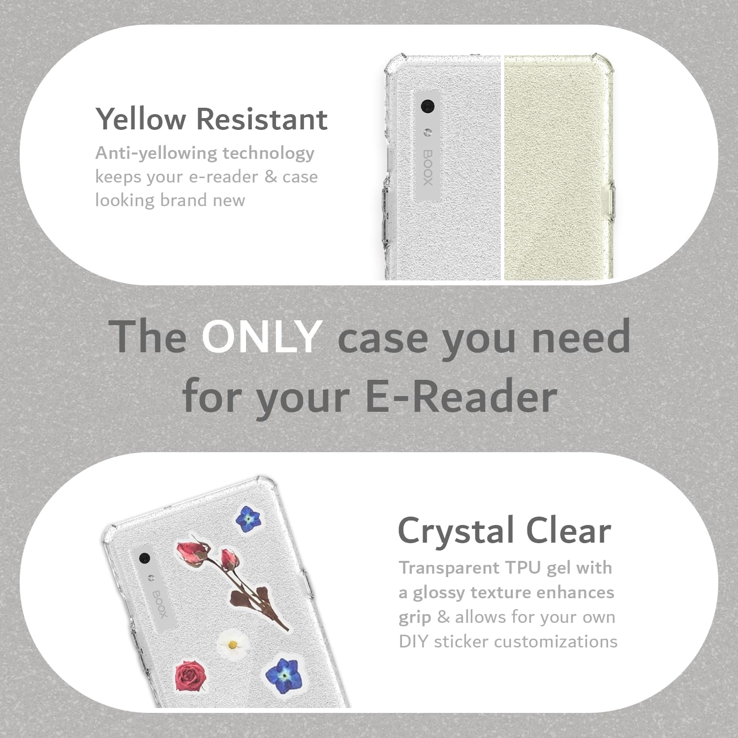 Yellow Resistant  
Anti-yellowing technology keeps your e-reader & case looking brand new  

The ONLY case you need for your E-Reader  

Crystal Clear  
Transparent TPU gel with a glossy texture enhances grip & allows for your own DIY sticker customizations