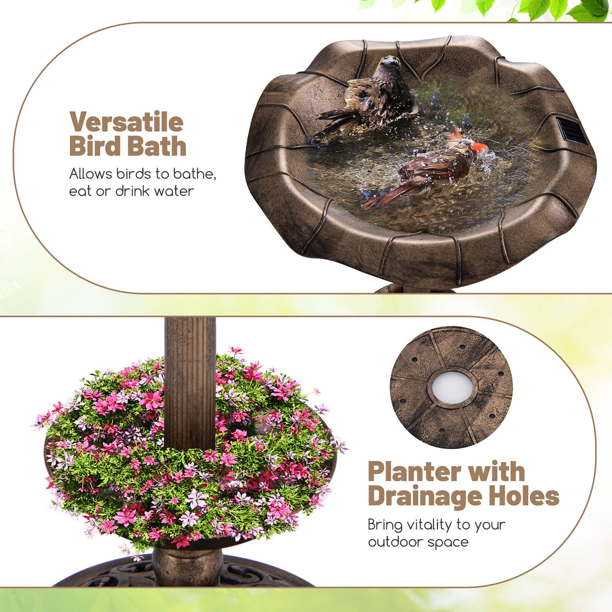 Versatile Bird Bath  
Allows birds to bathe, eat or drink water  

Planter with Drainage Holes  
Bring vitality to your outdoor space