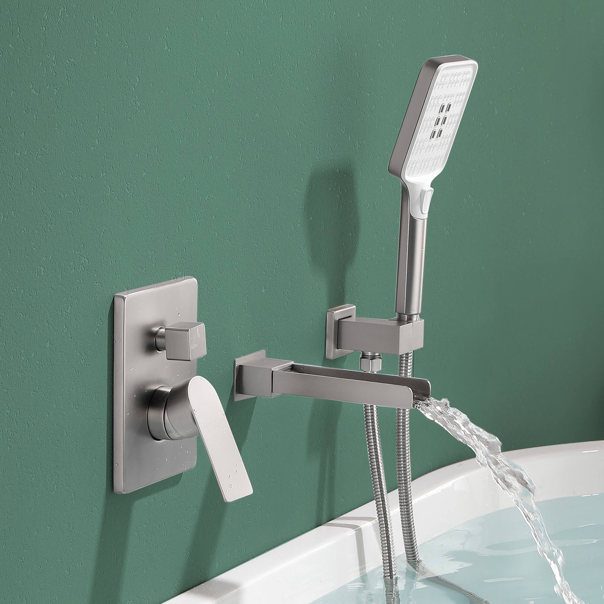 Alt View 3. Boyel Living - Brushed Nickel Wall Mount Bathtub Faucet Brass 2-Function Valve 3-Function Handheld 60-Inch Steel Hose cUPC - Brushed Nickel.