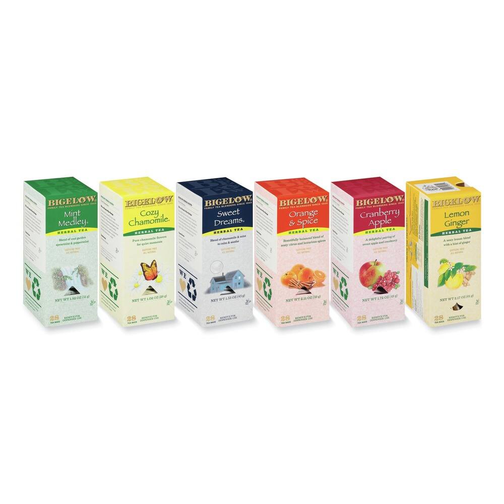 BIGELOW - HELOW Mint Cozy Medley. Chamomile. AUUDAL TEA DERRAL T.S - A  Bam tu - - -  BIGELOW BIGELO w. Aston -  ... - -. AESN Sweet Orange Dreams. & Spice ...... THA TEA ...A.  - 1 - . 1 BIGELOW  -   Cranberry Apple ...... a ECEKL OW Lemon Ginger ...RA. TEA I S 5 NIPY 2 e TE ST 10  28  LM c00 NT NT 28  MT 25 FL Ca NET N9 T 2 SF

BIGELOW
Mint Medley
Herbal Tea
Blend of mint and garden herbs
NET WT 1.05 OZ (30g)
28 TEA BAGS

BIGELOW
Cozy Chamomile
Herbal Tea
Pure chamomile blossoms
NET WT 1.05 OZ (30g)
28 TEA BAGS

BIGELOW
Sweet Dreams
Herbal Tea
Blend of chamomile and other herbs
NET WT 1.05 OZ (30